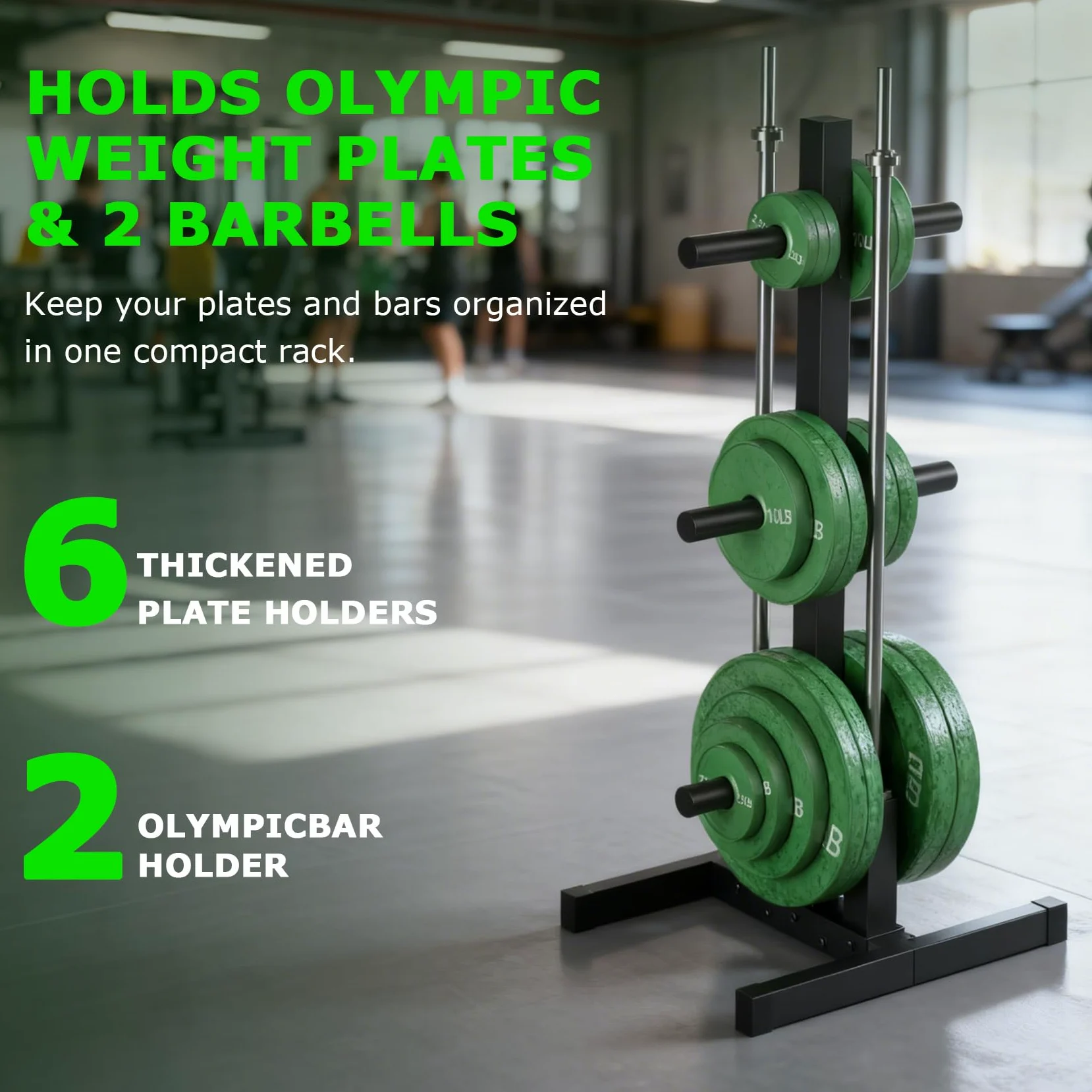 Soporte olímpico para discos de peso para almacenamiento de placas de parachoques, árbol de peso olímpico de 6 postes y soporte de barra para gimnasio en casa, capacidad de peso de 800 libras, árbol