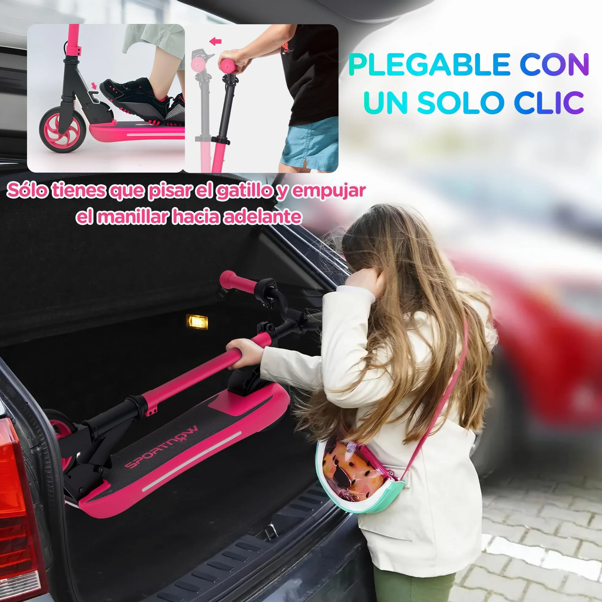 SPORTNOW Patinete Eléctrico Plegable MAX 10 KM/H Patín Eléctrico de +6 Años Motor 120 W Autonomía 6 KM Ruedas de 5" - 5,5" Freno Posterior Altura Ajustable Luces LED y Marco de Aluminio