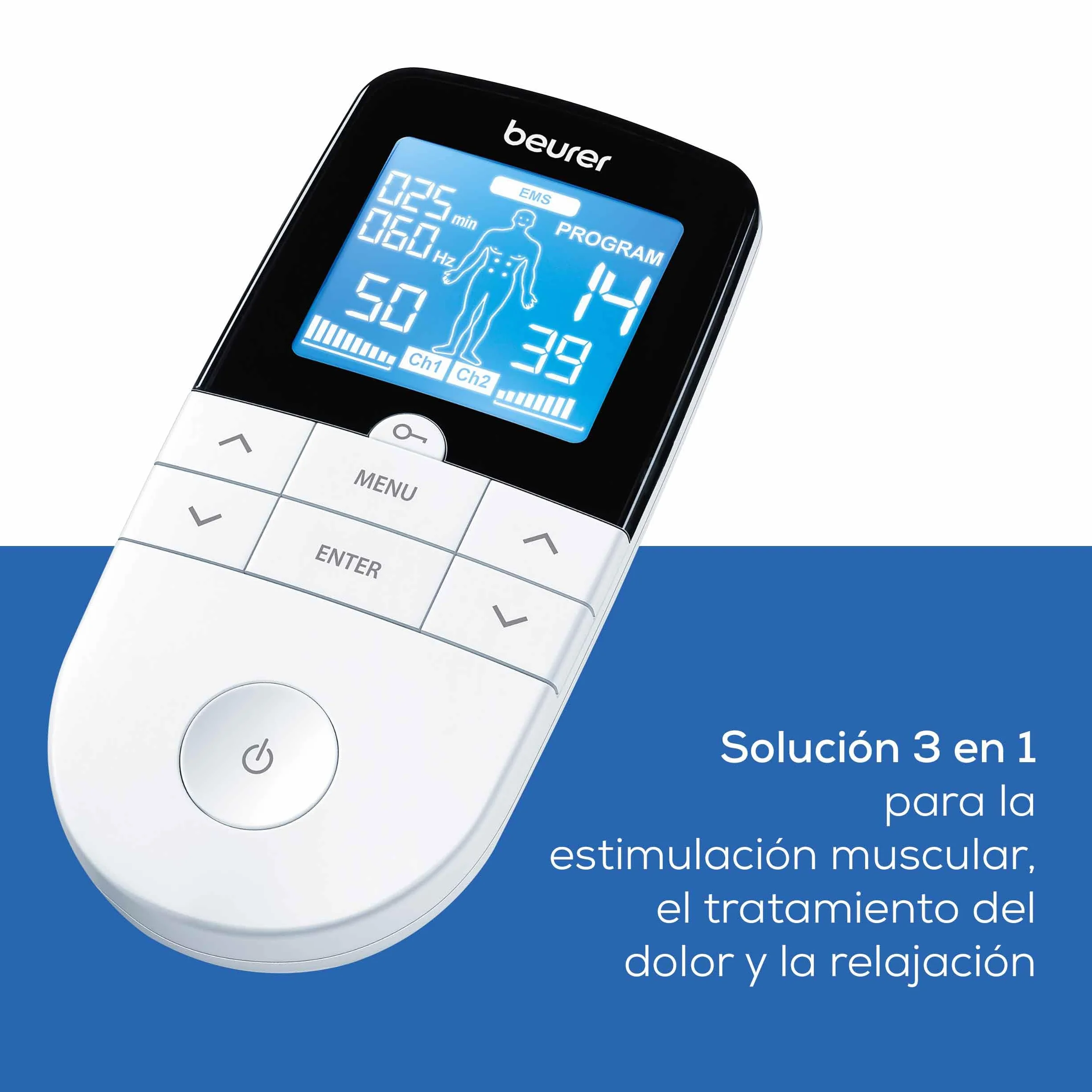 Beurer EM 49 TENS/EMS Digital 3 en 1 Estimulador Muscular para Alivio del Dolor y Entrenamiento, Masaje, 4 Electrodos, Blanco