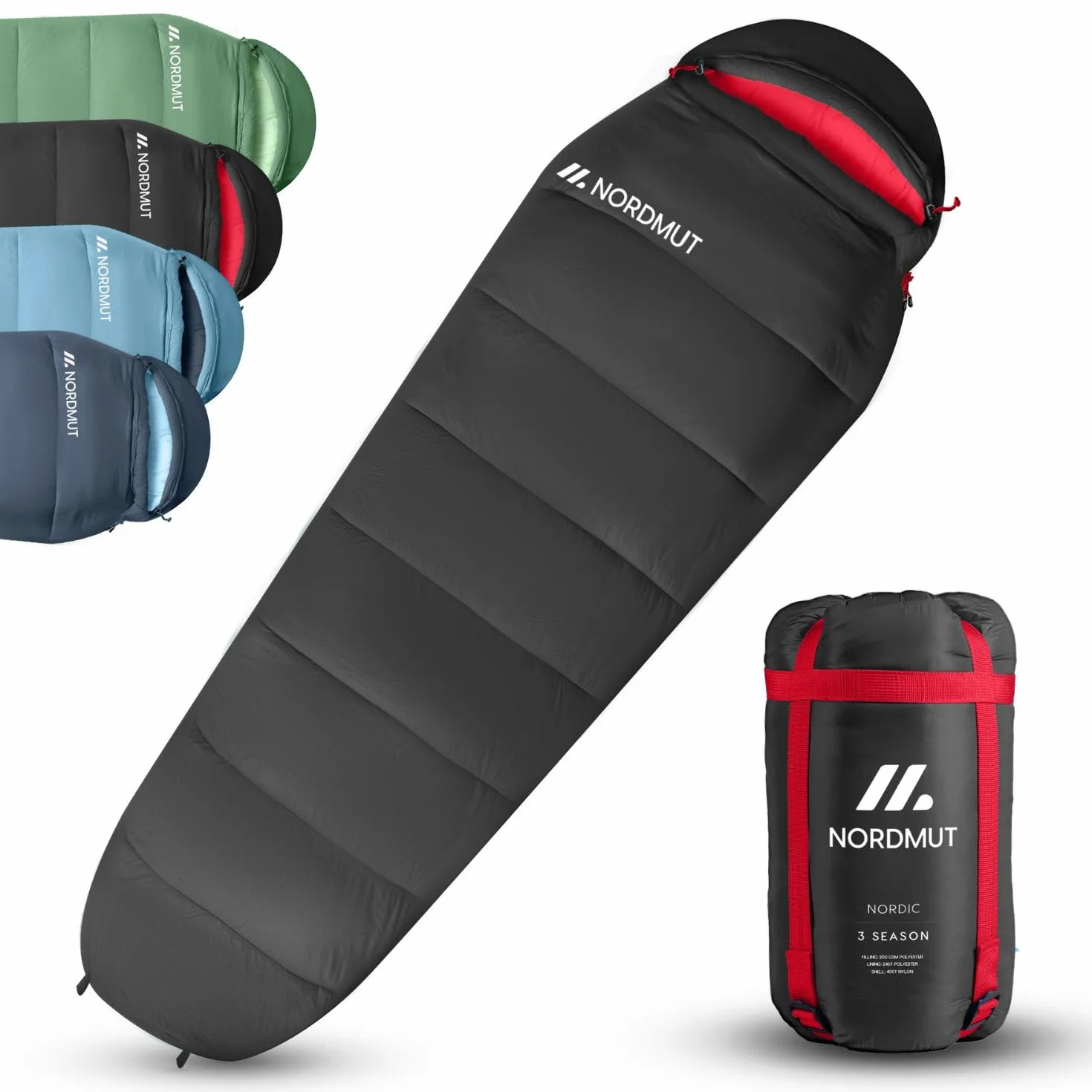NORDMUT® Saco de Dormir Adulto Comfortable - Sleeping Bag Compacto y Ultraligero (900/1500 g) - 3 Estaciones (250 gsm) de Verano (100 gsm) campismo