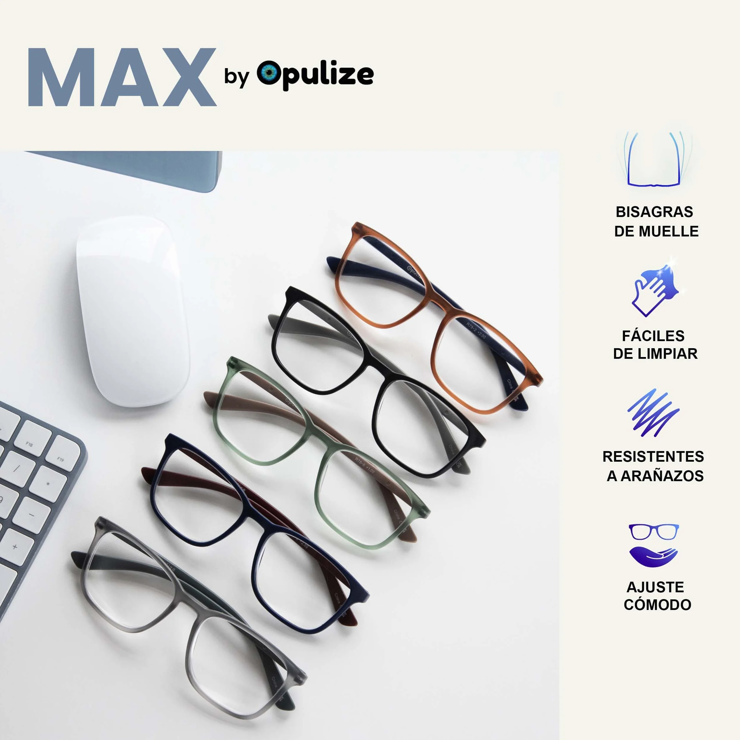OPULIZE Max Gafas de Lectura +1.00 Marco Rectangular Clásico Grande Gris Mate Transparente Brazos Verdes Bisagras de Resorte