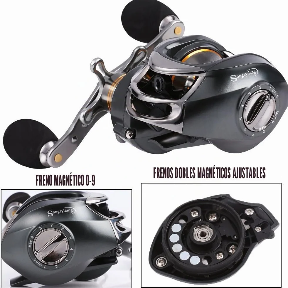 Sougayilang Carrete de cebo, 12 rodamientos de acero inoxidable, 18LB Super Drag, magnético de doble freno carrete de pesca para bajos, cangrejos