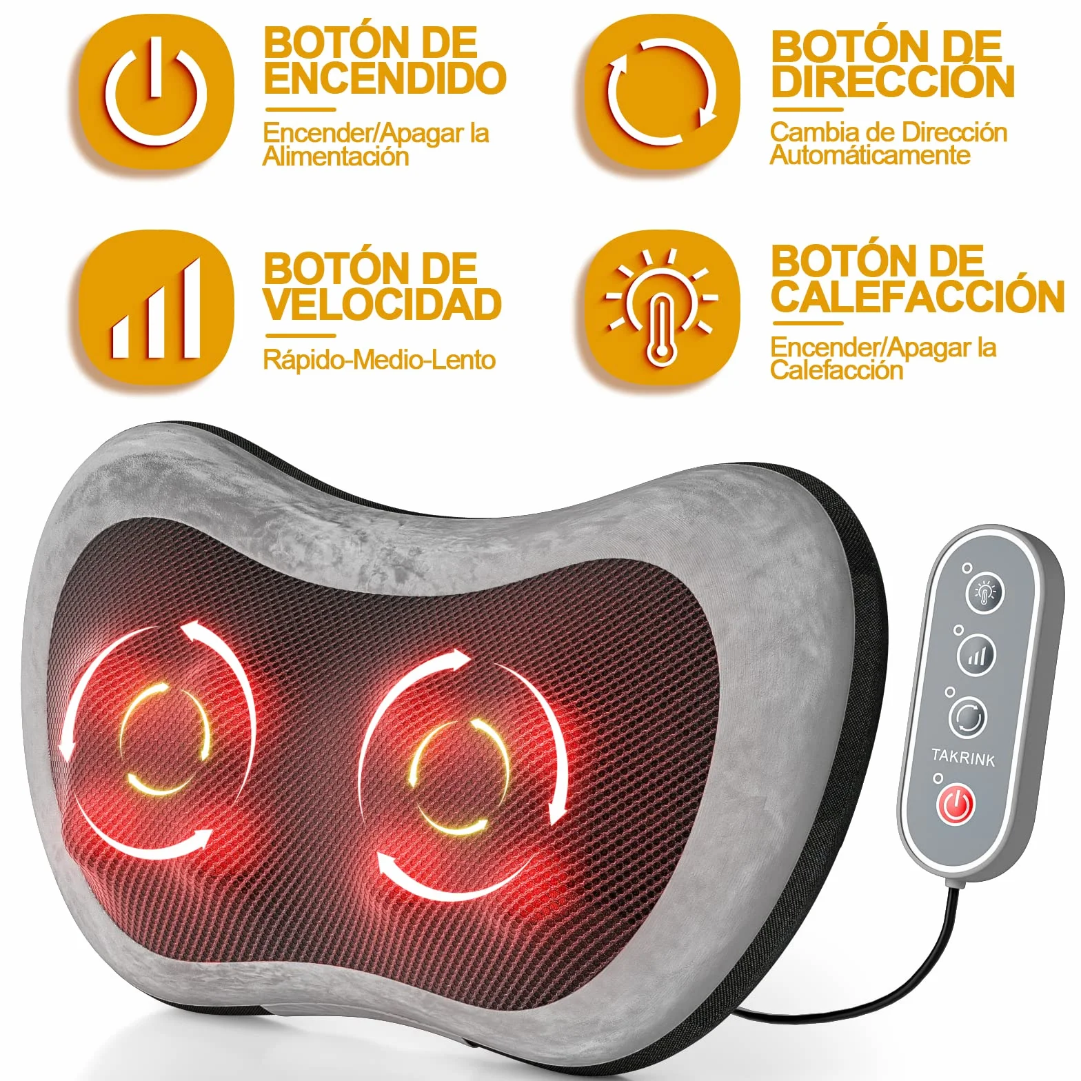 TAKRINK Cojín Masaje Shiatsu con Calor 8 Nudos 3 Velocidades Control Remoto Masajeador Cuello Espalda Hombros