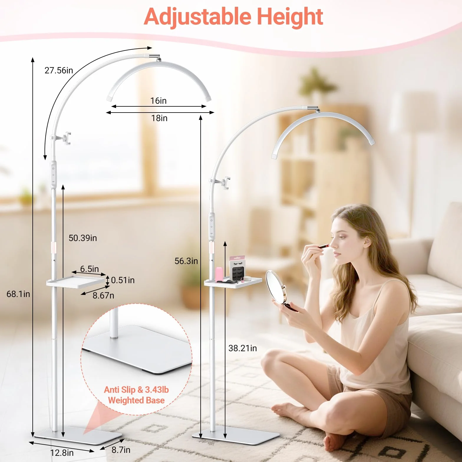 Lampara LED de Pie para Extensiones de Pestañas 18" Plegable 5 Colores Regulables Rotación 360° Blanco
