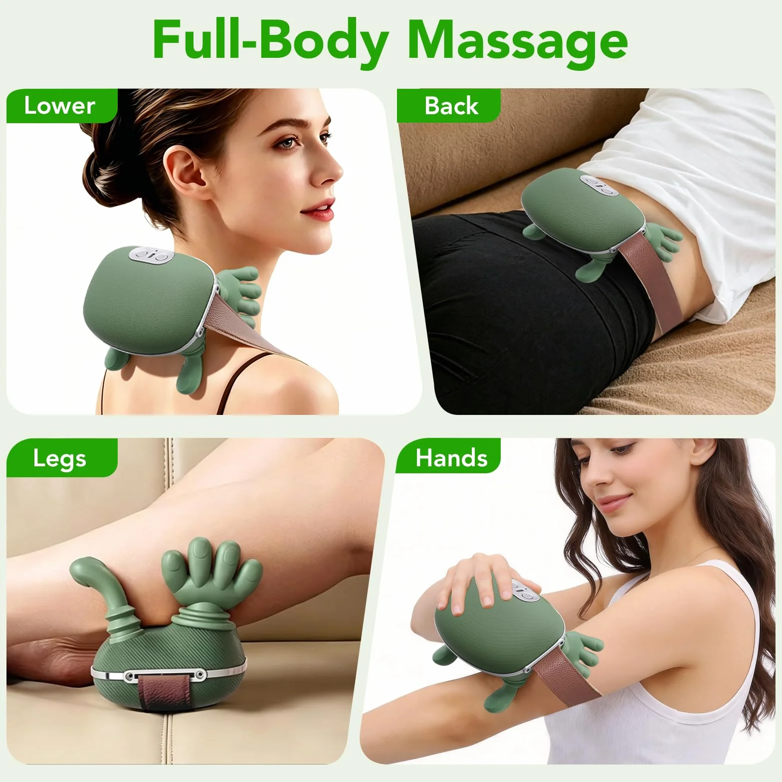 Masajeador Cervical y Espalda 4D, Masajeador de Hombros con Calor, 3 Velocidades, 2 Niveles de Calor, Verde
