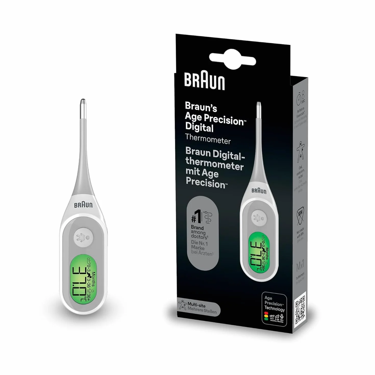Braun Age Precision Termómetro digital PRT2000, Varilla digital oral rectal axilar para bebés niños