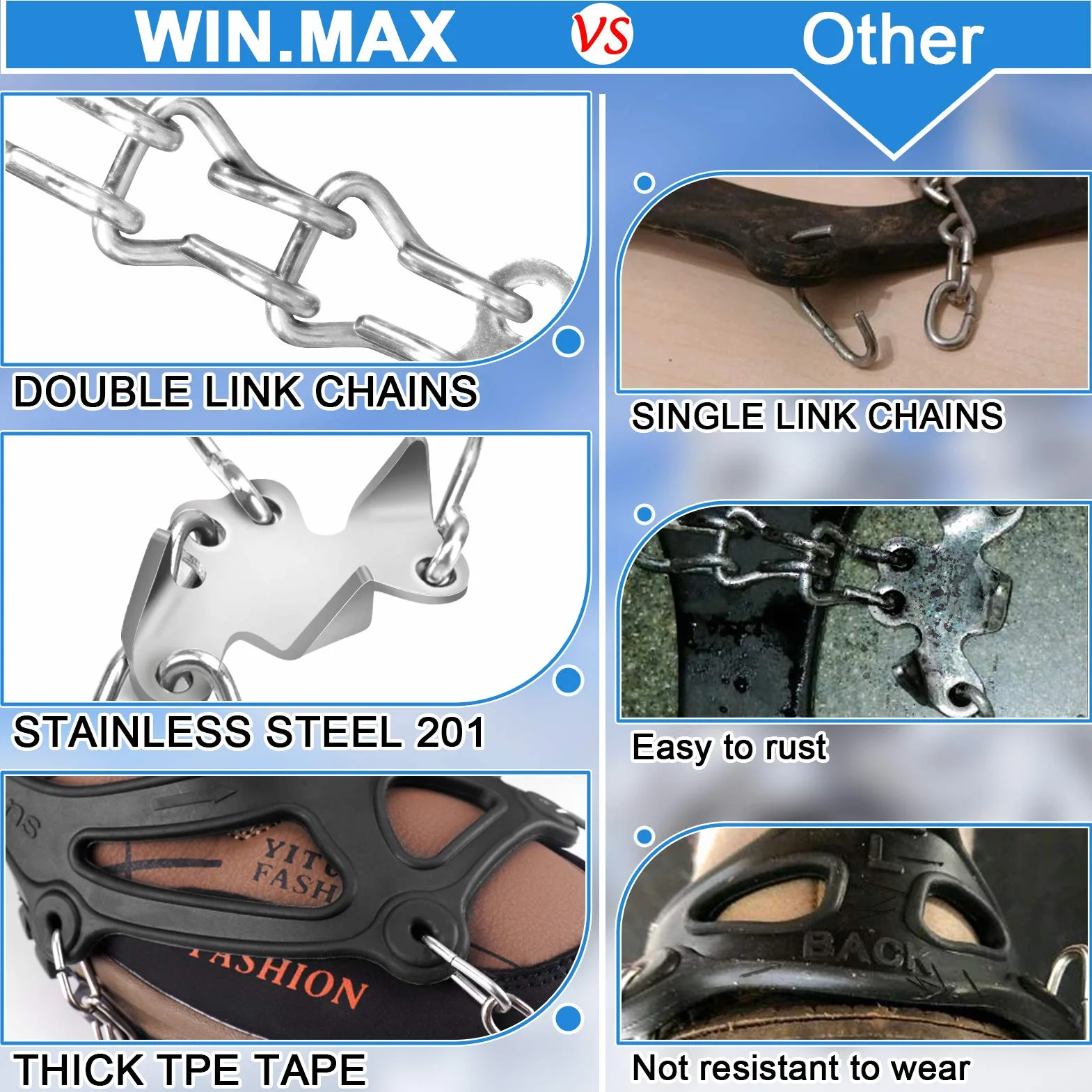 WIN.MAX Crampones, 19 Garras de Dientes Crampones Cubierta Antideslizante de Zapatos con Cadena de Acero Inoxidable para Excursiones Pesca Escalada Trotar sobre Nieve y Hielo