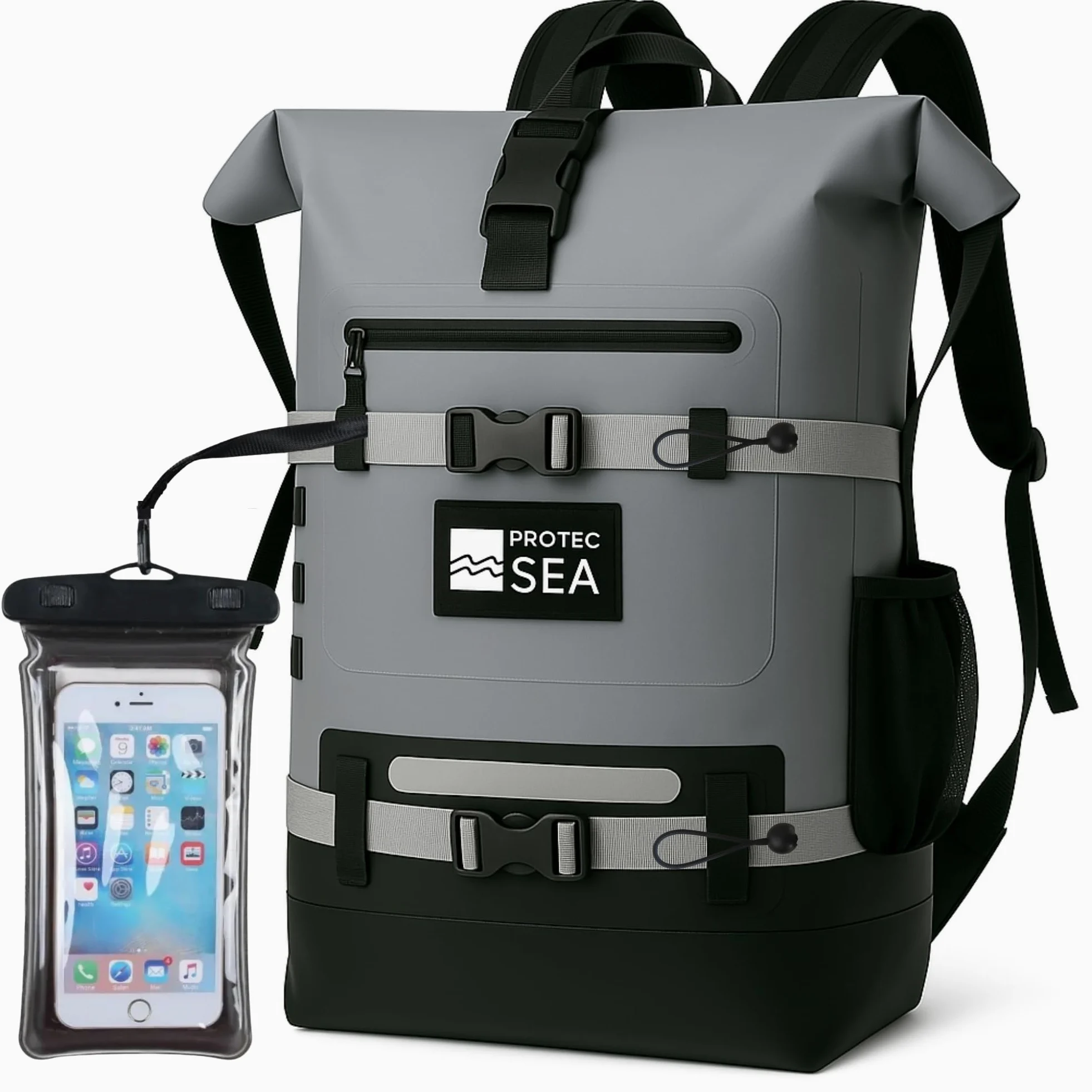 Mochila impermeable impermeable para senderismo, 25L-40L, volumen ajustable, cierre rápido, transporte cómodo, accesorios Molle, bolsillos impermeables, cinta reflectante, color gris