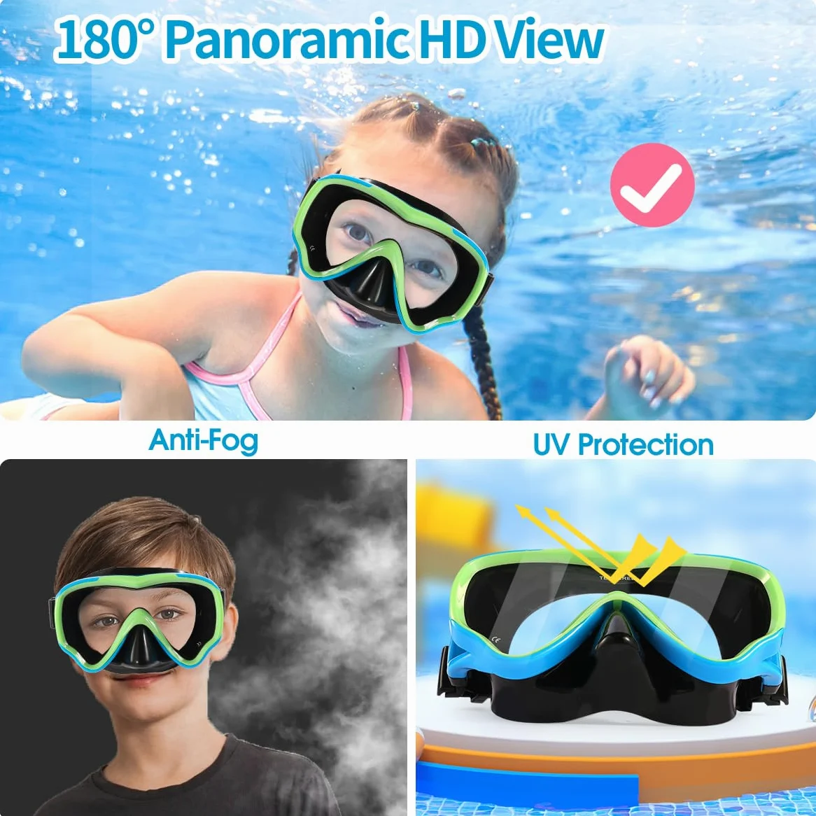 Máscara de buceo para niños, antivaho y antifugas, gafas de esnórquel, impermeables, duraderas, de vidrio templado para niños de 4 a 14 años de edad