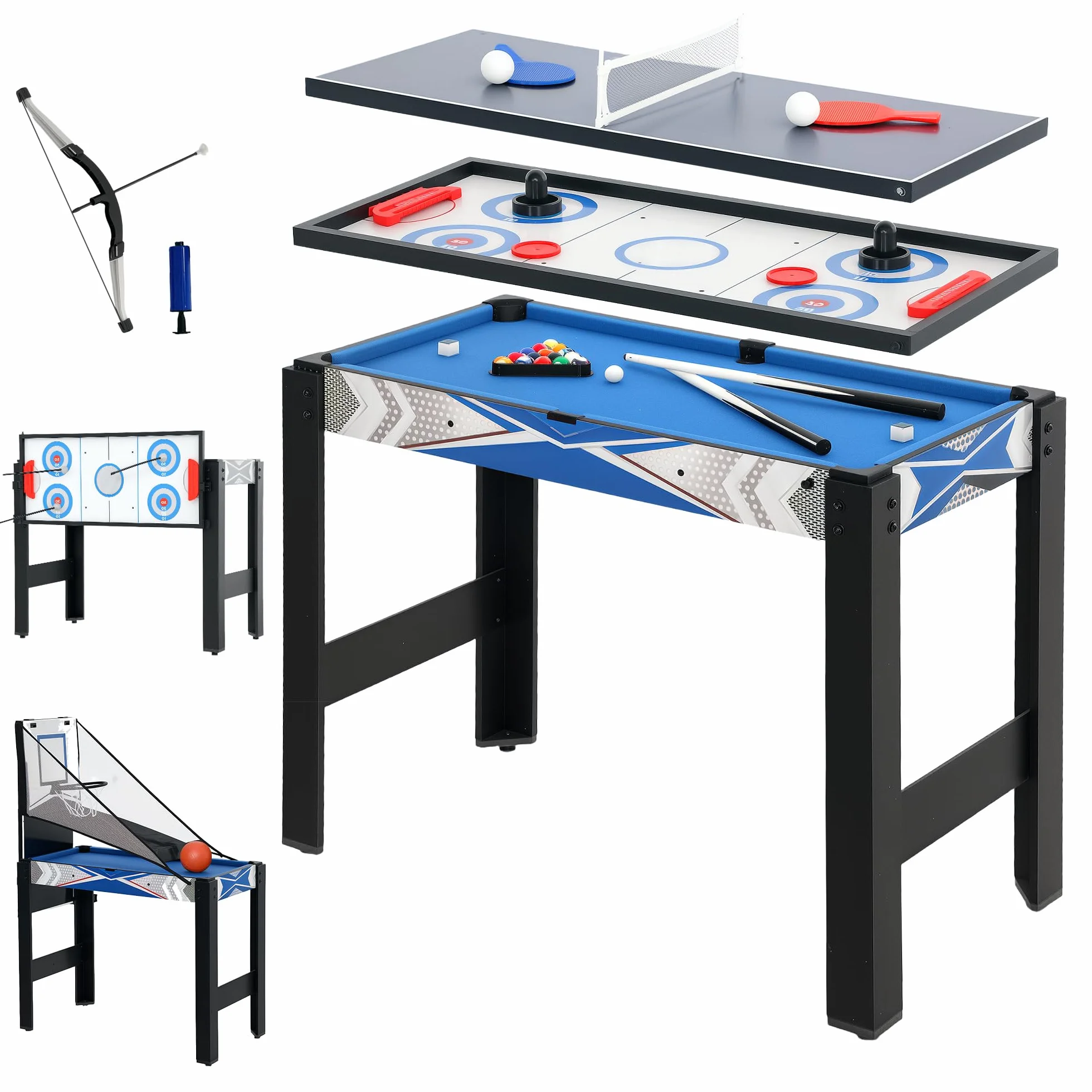 SPORTNOW Mesa de juego 5 en 1 91 x 45,5 x 76 cm con ping pong billar hockey baloncesto tiro con arco