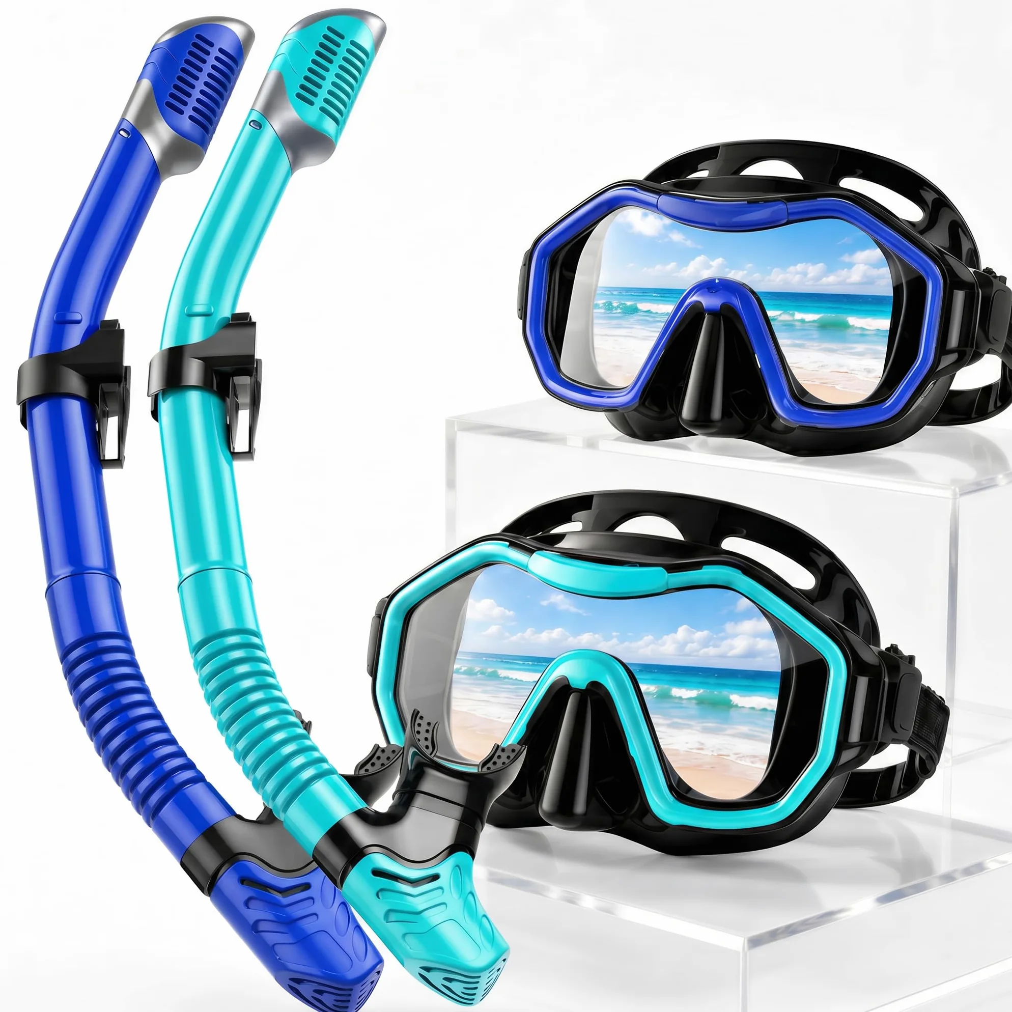 Equipo de esnórquel para adultos y niños, juego de esnórquel con parte superior seca, panorámica de 180°, máscara de buceo para respirar libremente, máscara de esnórquel para esnórquel,