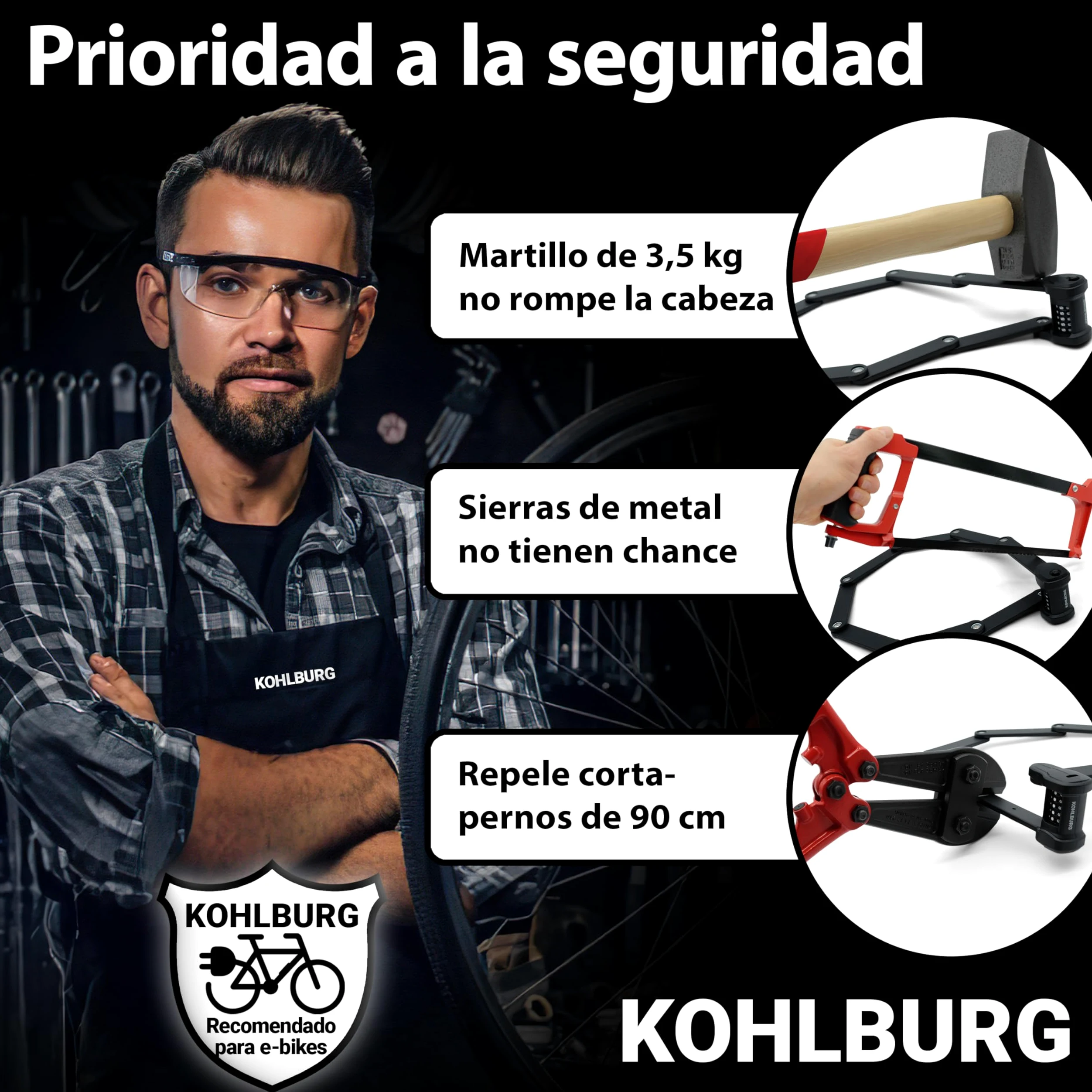 KOHLBURG Candado de bicicleta de combinación con código | 101 cm de largo | Repele cortapernos, código de 5 cifras, candado plegable con soporte, alta seguridad, para bicicleta, scooter y e-bike