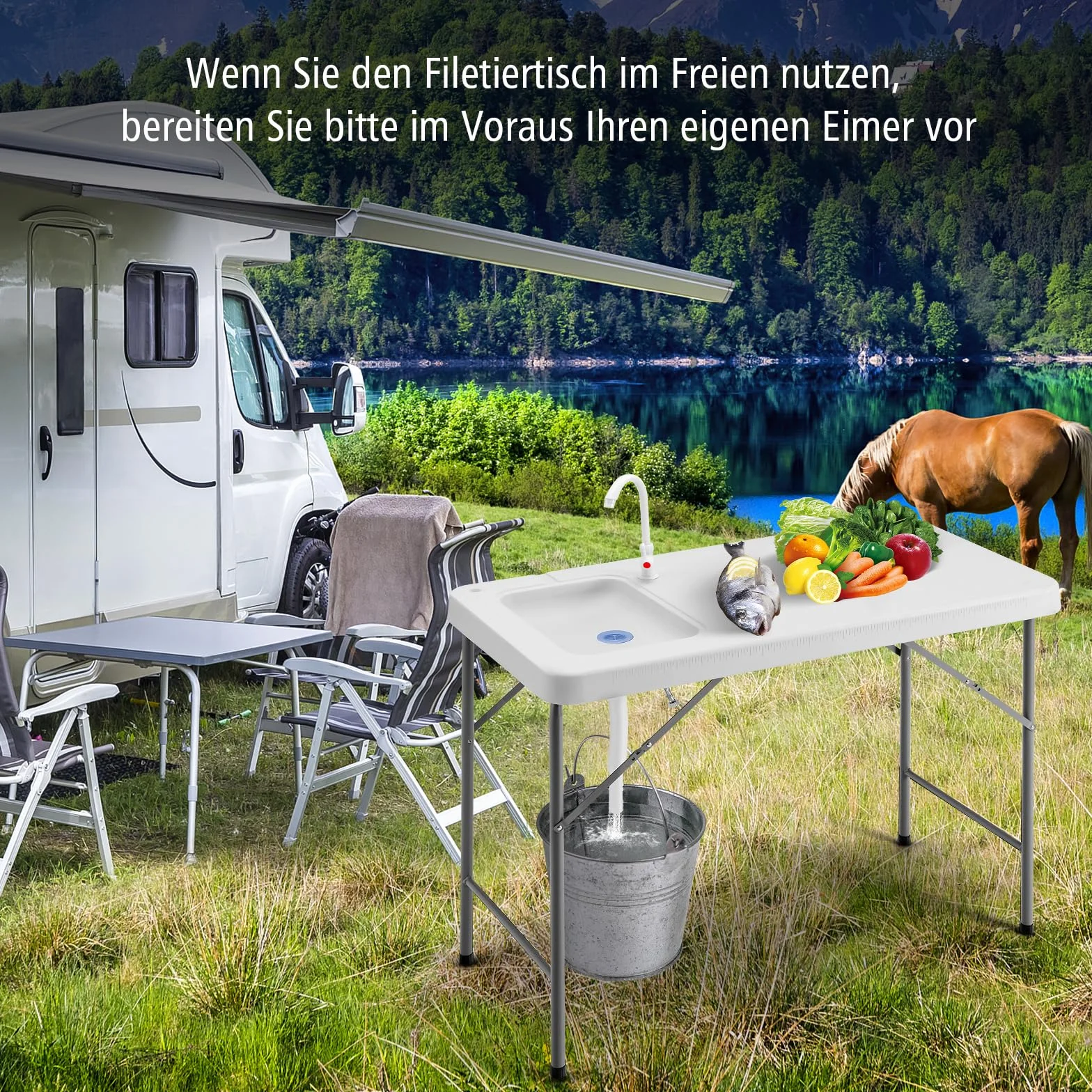 GYMAX Mesa de Camping con Fregadero y Grifo, Mesa de Fileteado, Mesa de Limpieza de Pescado, Plegable con Escala de Medición, Fregadero de Jardín, para Camping, Pesca