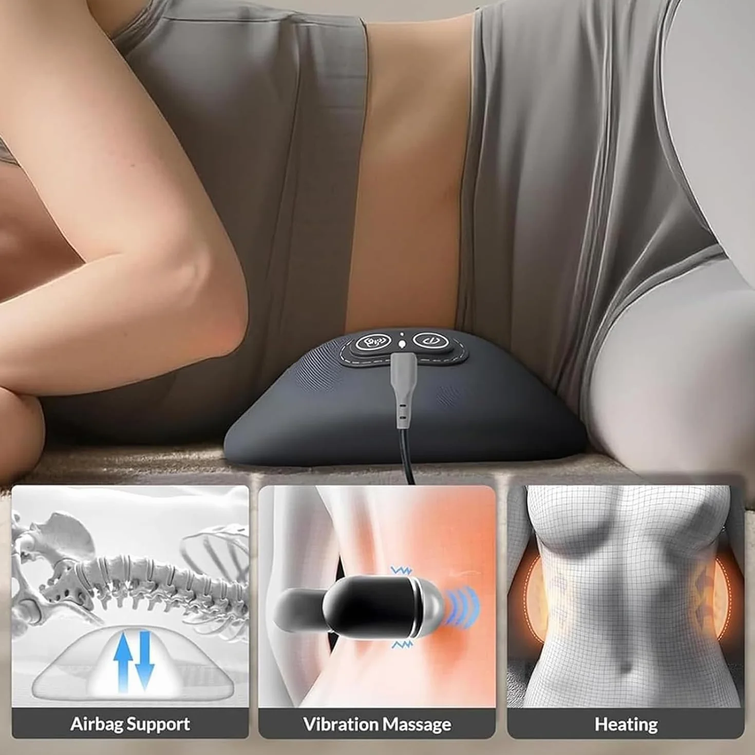 Masajeador Eléctrico 3 en 1 para Ciática, Tracción, Vibración y Calor, Soporte Lumbar Ergonómico Negro
