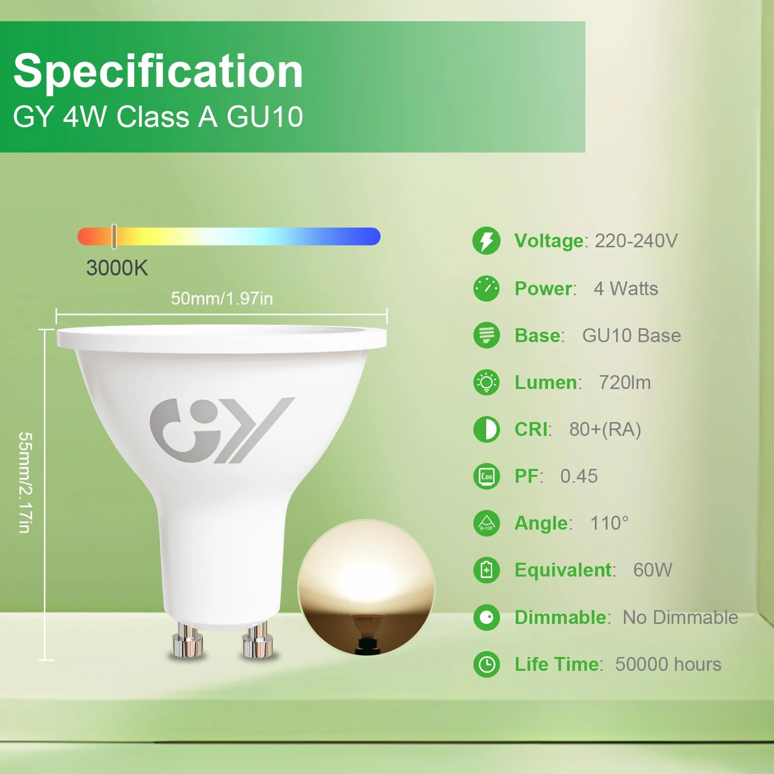 Pack 6 Bombilla LED GU10 4W 3000K 720 Lúmenes 110° No Regulable