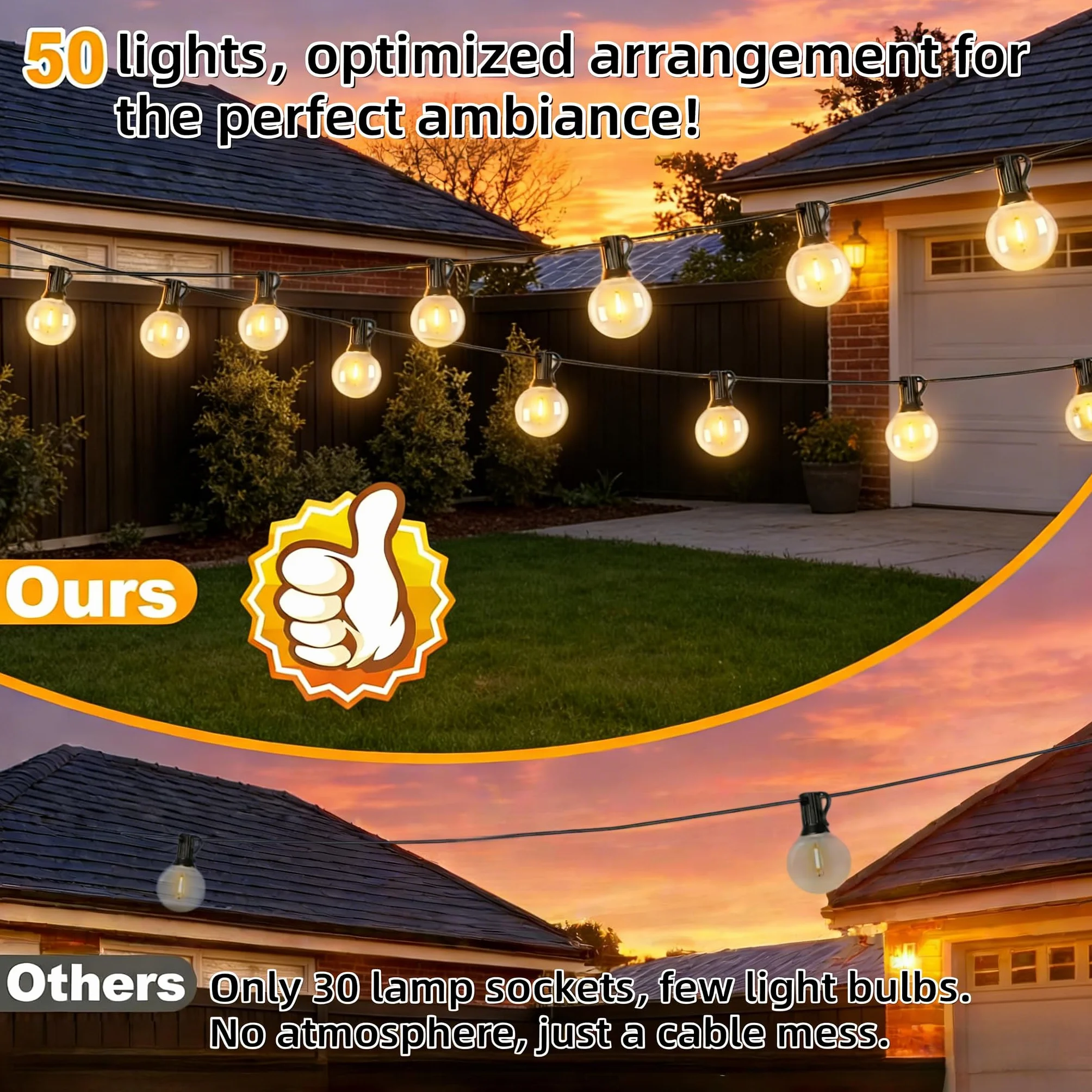GPATIO Guirnalda Luces Exterior G40 100FT 30M 50+2 Bombillas Plástico Blanco Cálido LED Jardín