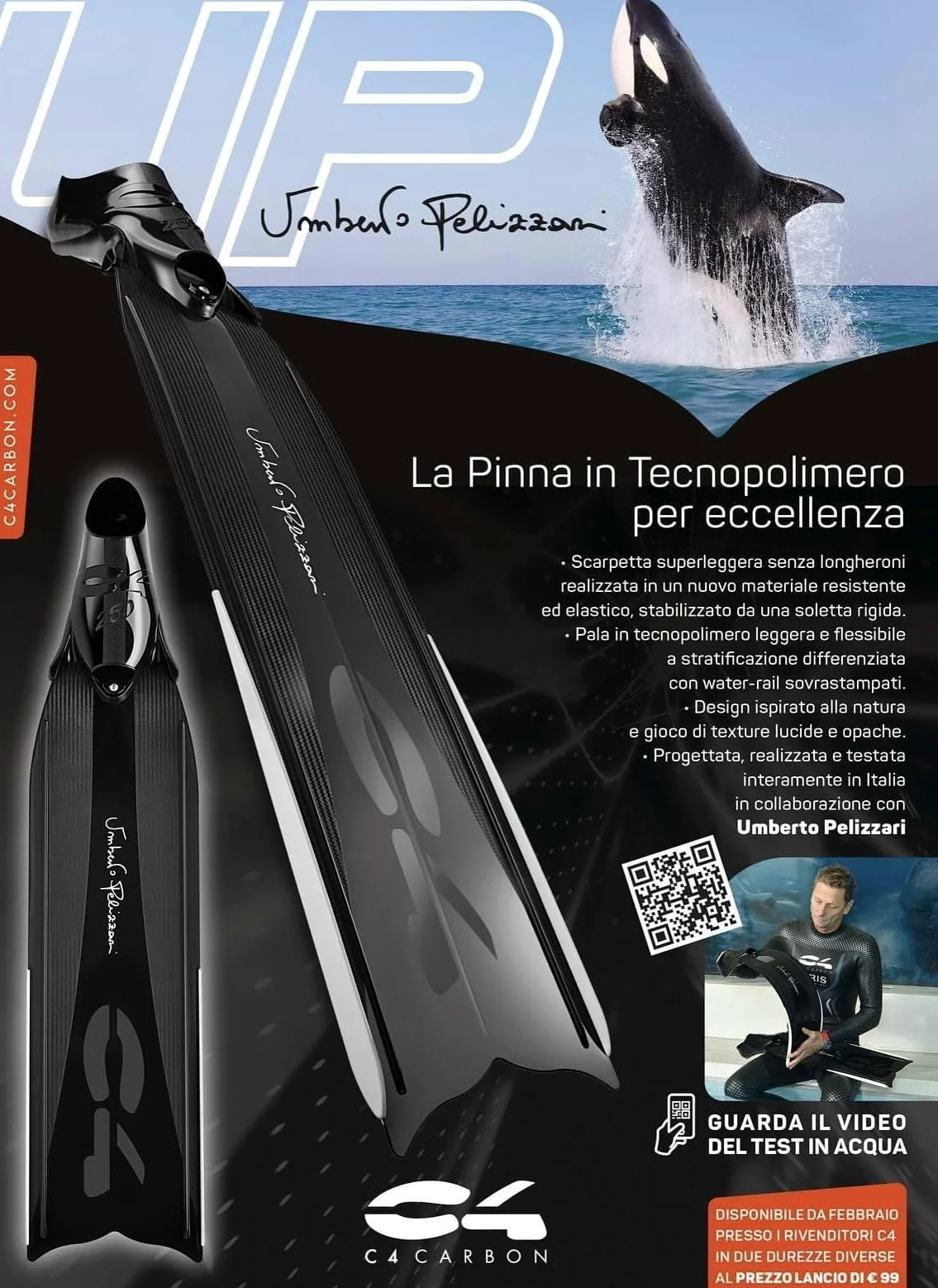 Aletas Umberto Pelizzari C4 - Pala blanda y pala mediana de tecnopolímero con zapatilla 250 Apnea pesca subacuática