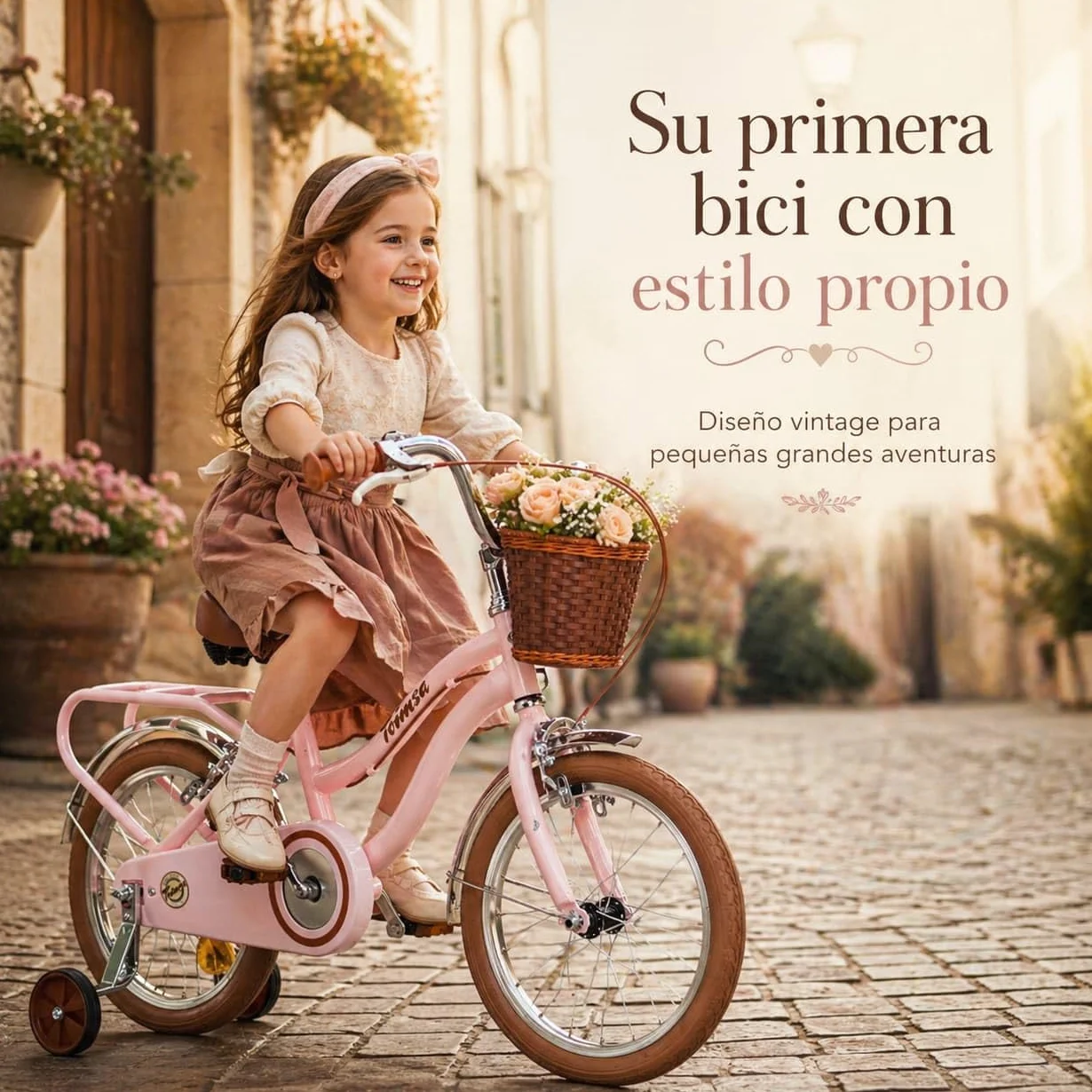 Toimsa - Bicicleta para Niños con Ruedines - Ruedas Hinchables 16 Pulgadas - Diseño Vintage Rosa - Sillin Regulable, Limitador Giro Manillar, Cesta Delantera y Portaequipajes - Bici Infantil +5 años