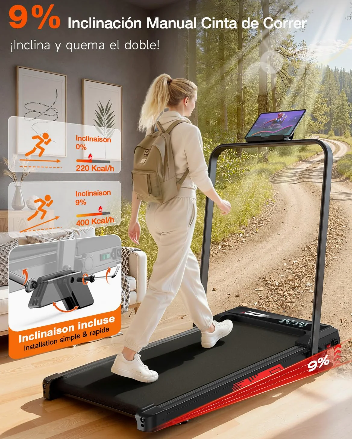 Cinta de Correr 4 en 1 Plegable con Inclinación 9% – Caminadora Eléctrica Silenciosa 10 km/h, Motor 3,0 CV, Sistema de Amortiguación, Pantalla LCD, 140 kg Máx – Hogar, Oficina y Fitness en Casa