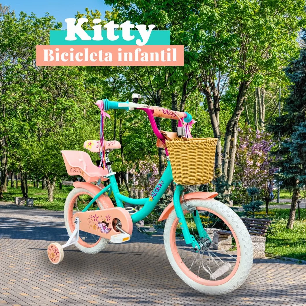 ATAA Bicicleta Infantil Kitty 12 y 16 Pulgadas con Ruedines Desmontables Cesta y Serpentinas Bicicleta para Niñas con Frenos Reflectores y Cuadro de Acero