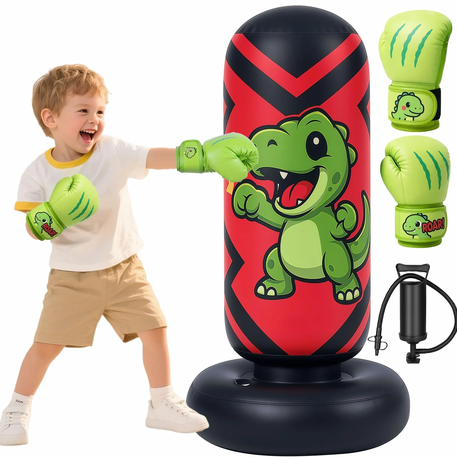 Qoosea Saco de Boxeo Niños, 130cm Bolsa de Boxeo Inflable de Pie con Guantes, Punching Ball Estable para Karate Kickboxing MMA Taekwondo, Regalo Ideal para Niños y Niñas de 3-8 años
