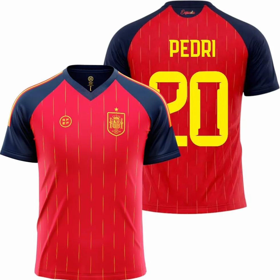 Camiseta España 2026-2028 | Pedri 20 Dorsal y Nombre | Color Rojo con Detalles Azul Marino | Manga Corta | Diseño Futbol Aficionados | Tejido Transpirable Deportivo