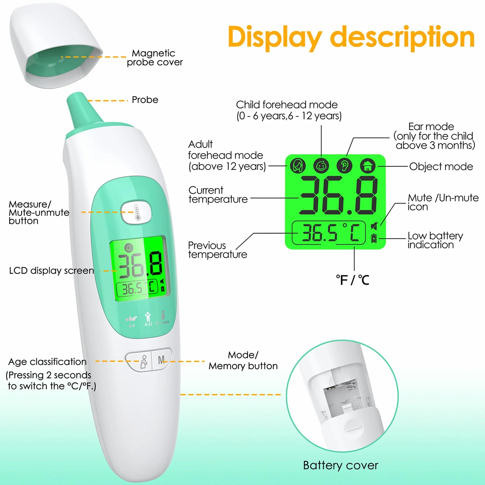 Termómetro Digital Infrarrojos para Bebés Niños Adultos, Frente y Oído con Alarma de Fiebre, ℃ ℉ Conmutable