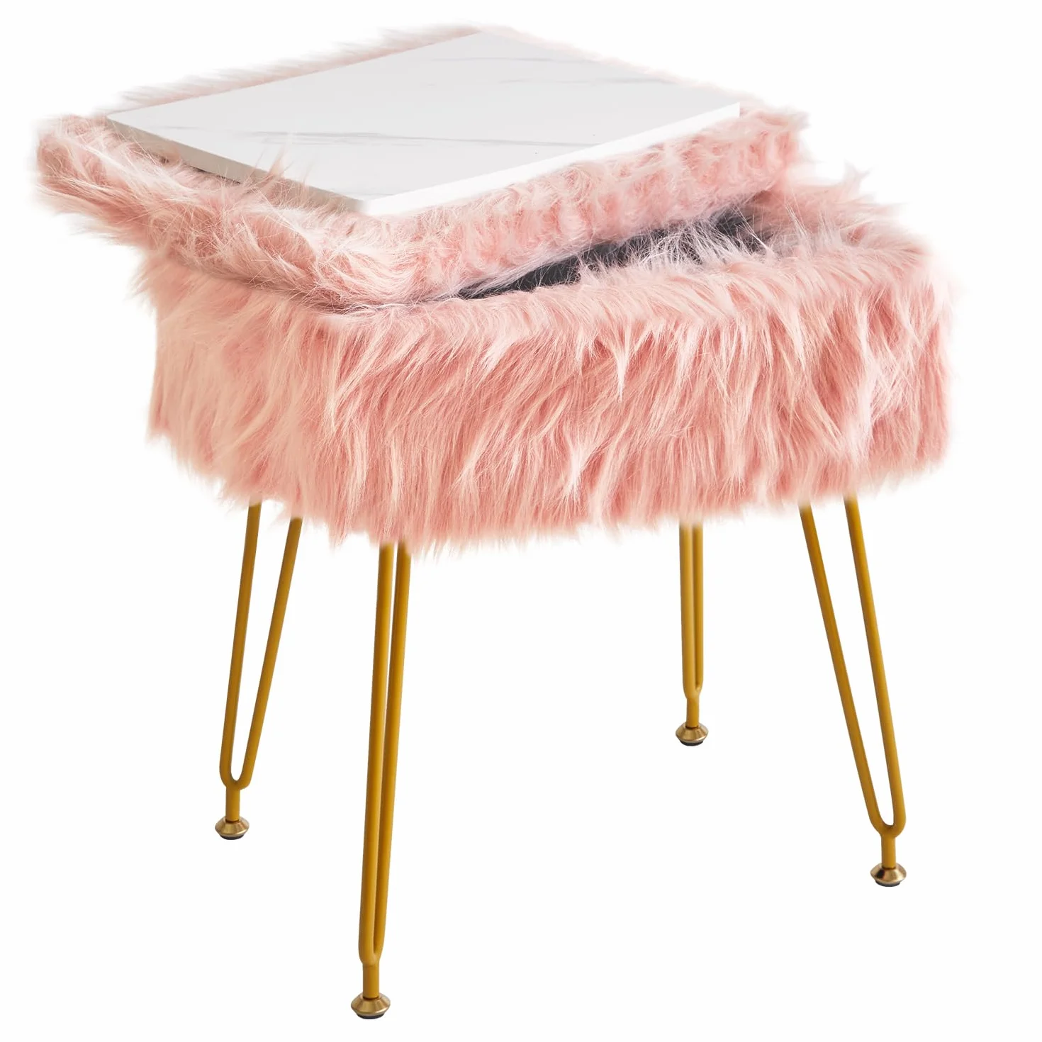 IBUYKE Rectangular Faux Fur Vanity Stool with Storage, Makeup Chair Ottoman, Soft Padded Seat, Round Footrest, Metal Legs, Pink