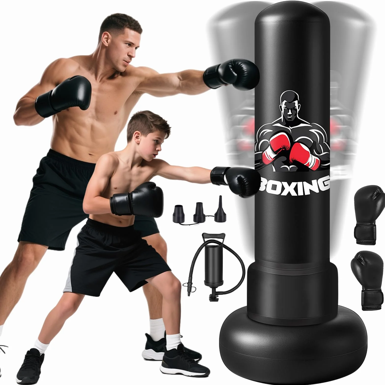 Saco de Boxeo Adultos, 180cm Sacos de Boxeo de Pie on Guantes y Bomba de Aire, Punching Ball Inflable Entrenamiento para Karate, Kickboxing, PVC Fitness Boxeo Regalo Ideal