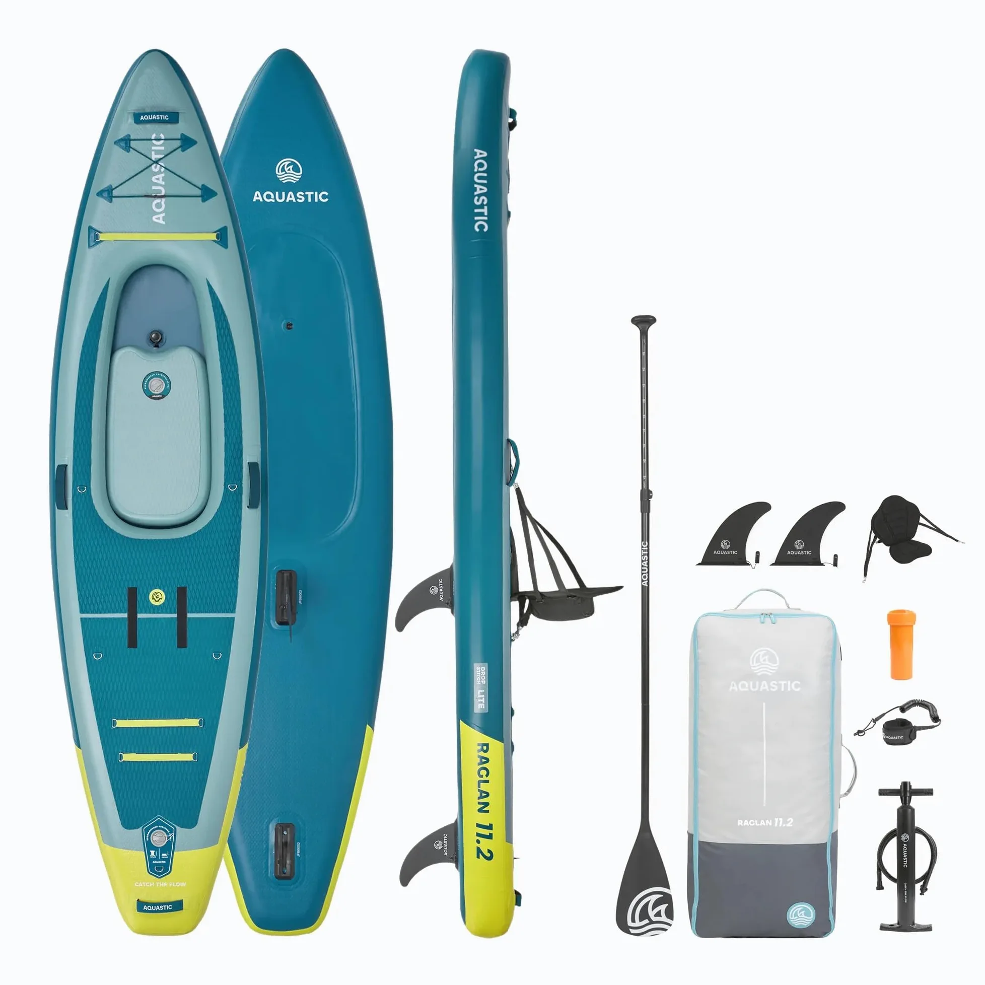 AQUASTIC Raglan 11'2 Kayak Sup Hybrid - Tabla de Sup Hinchable con Asiento para Kayak, Remo, Bomba, 2 Aletas y Mochila