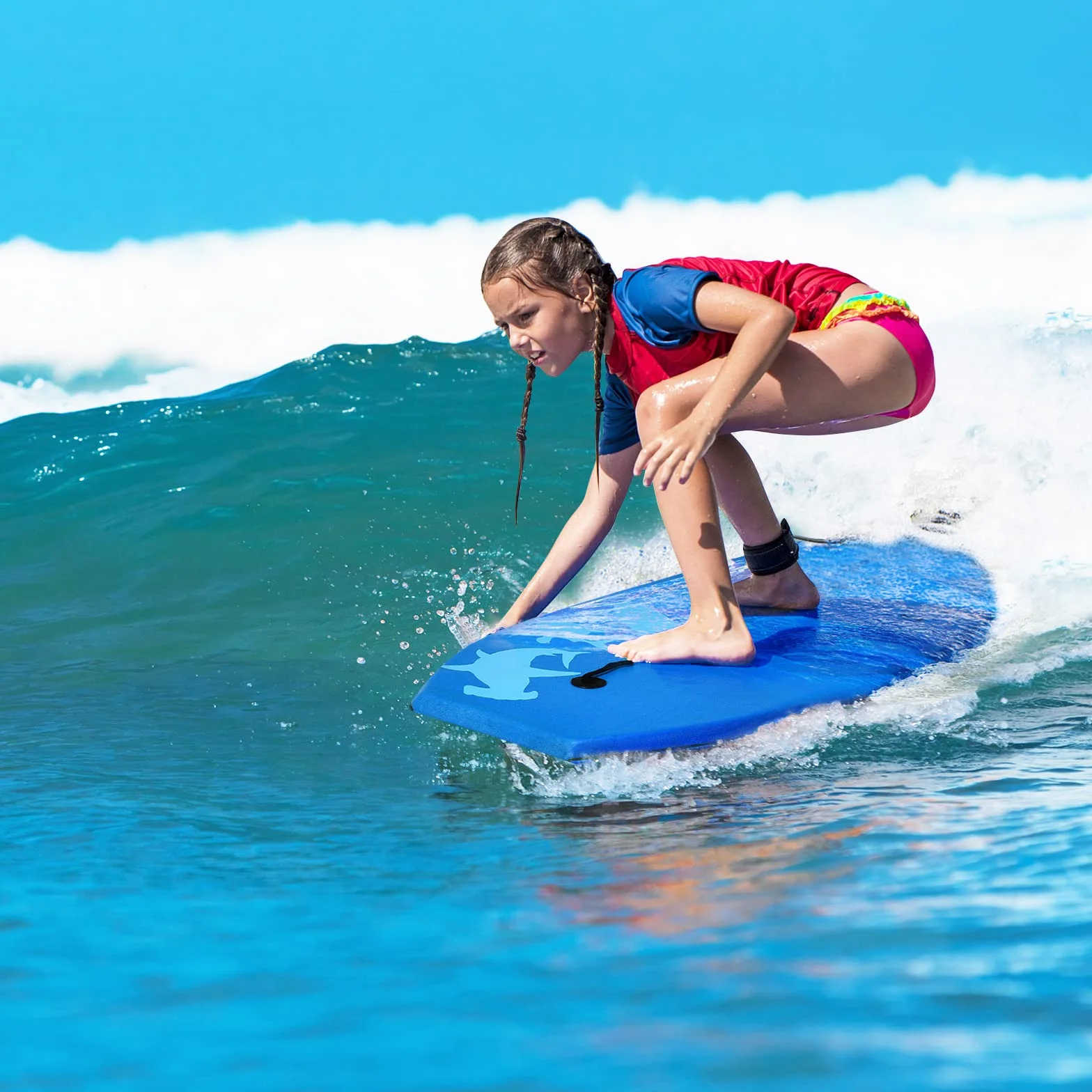 HOMASIS Bodyboard Antideslizante XPE HDPE Tabla Surf Estampado Tiburón Portátil Niños Adultos Azul