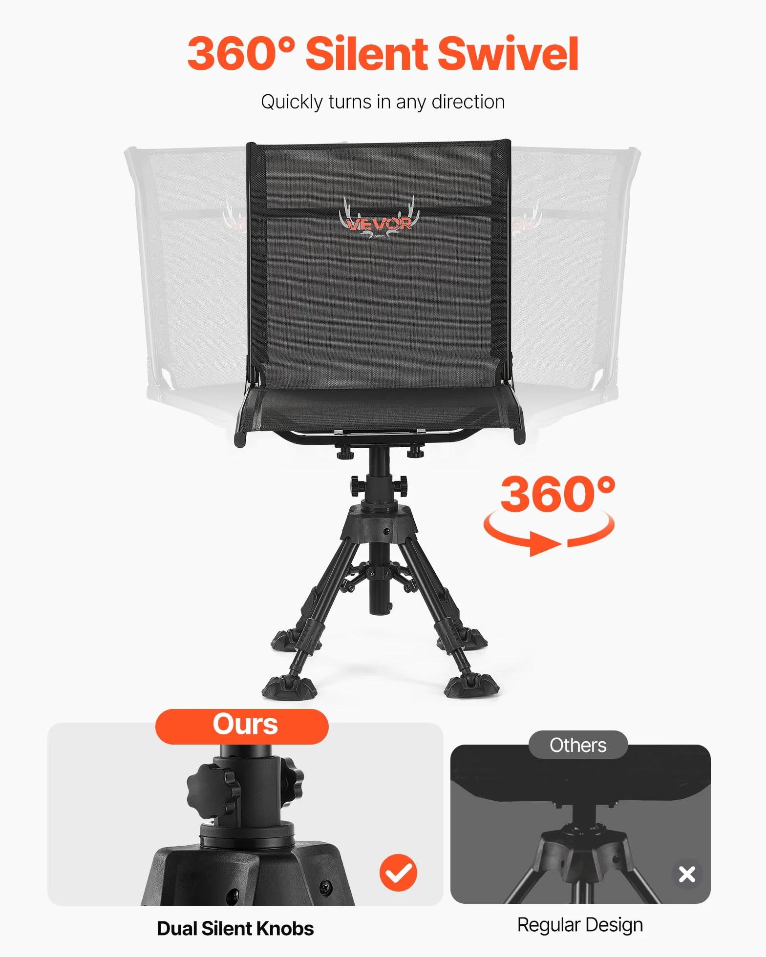 VEVOR Silla de Caza Giratoria Silenciosa de 360°, Plegable, con Estructura de Acero Resistente, Asiento Tipo Taburete con Patas Giratorias Antihundimiento, Carga 158 kg, 570 x 500 x 880-1080 mm
