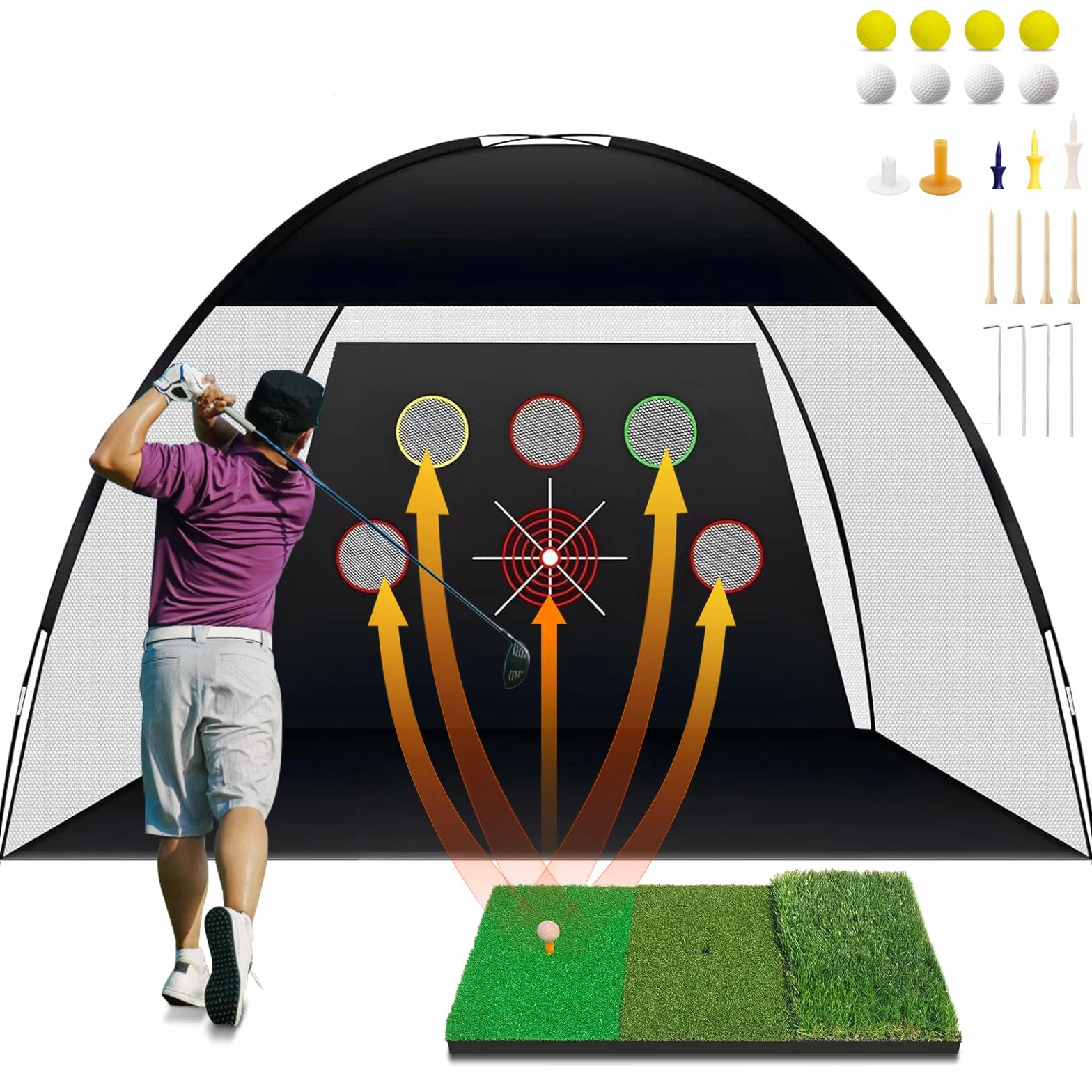 TTCB Sports Red de práctica de golf al aire libre, red de golpeo de golf de 10 x 7 pies para interiores con alfombrilla y corrector de swing para conducir en el patio trasero, astillado, accesorios de