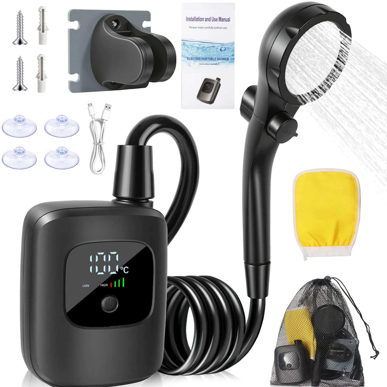 Ducha Portátil para Acampada 2400mAh para Suministros de Lavado de Coche | Ducha De Lavado Para Coche Y Acampada Para Playa Viajes Acampada Senderismo Pesca Jardinería Y Montañismo