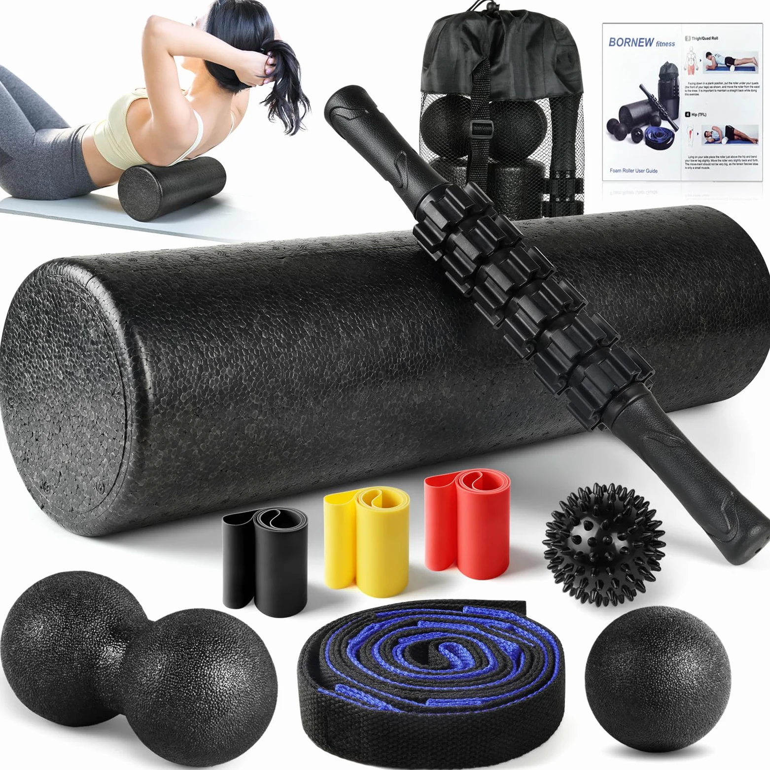 Juego de rodillos de espuma – Rodillo de espalda de alta densidad, rodillo muscular, 3 bandas de resistencia, bola de fascitis de 2 pies, correa de estiramiento, bola de masaje para terapia física y