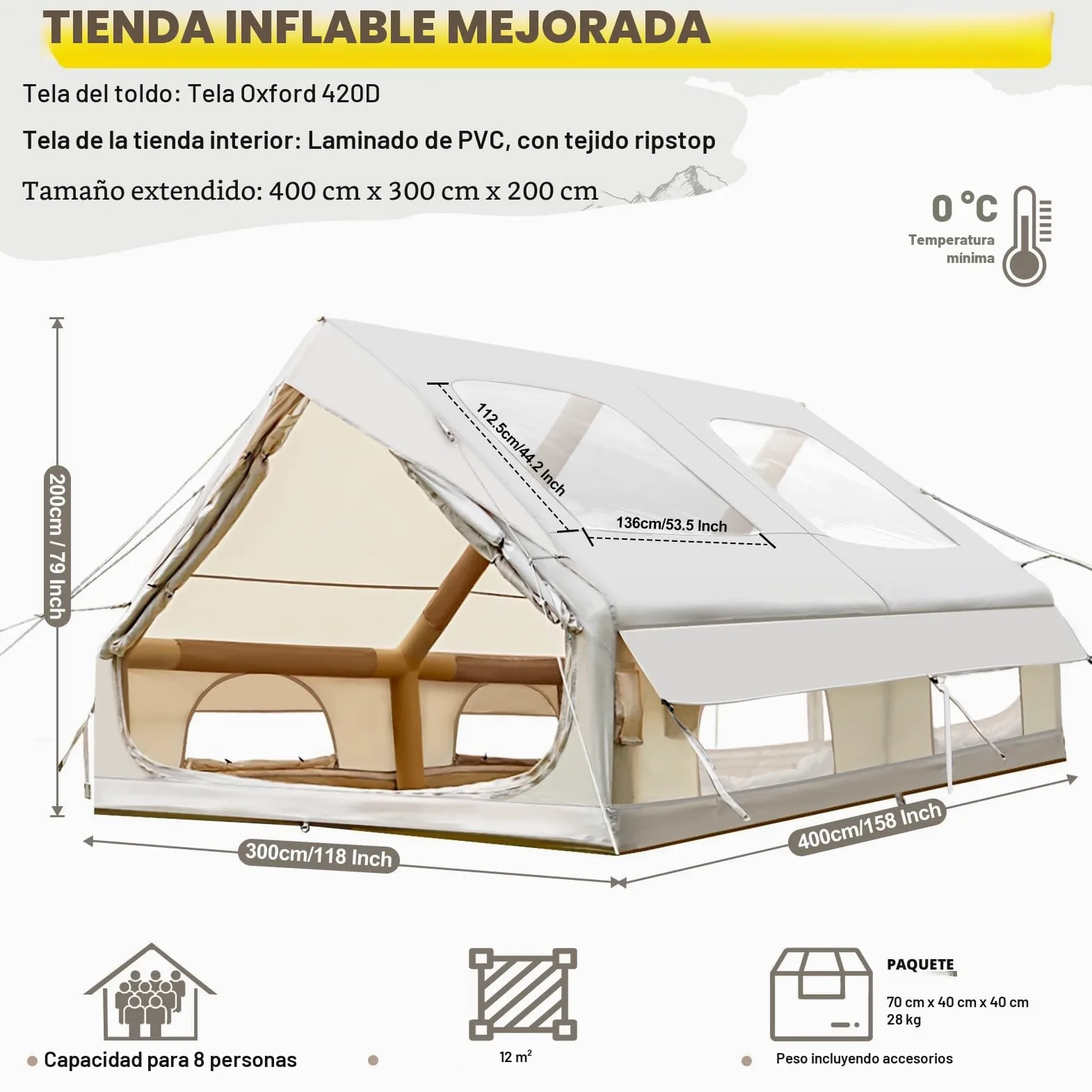 Tienda de campaña inflable con apertura de chimenea y claraboya, para exteriores, 2-10 personas, con bomba de aire, de tela Oxford impermeable, para las 4 estaciones, montaje rápido