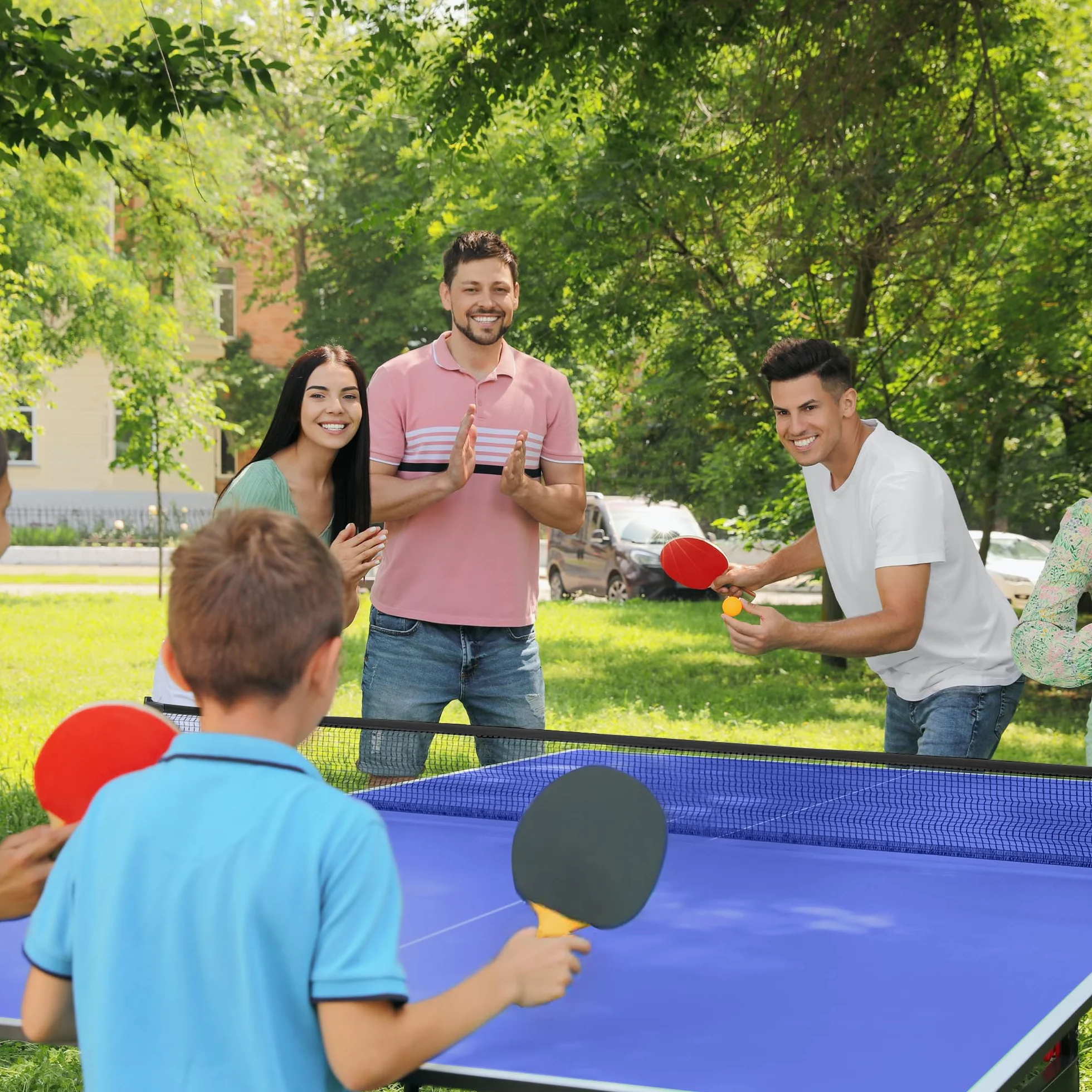 SPORTNOW Mesa de Ping-Pong Plegable con Red, Reposapiés Ajustables y Marco de Acero, 274x152,5x76 cm Azul
