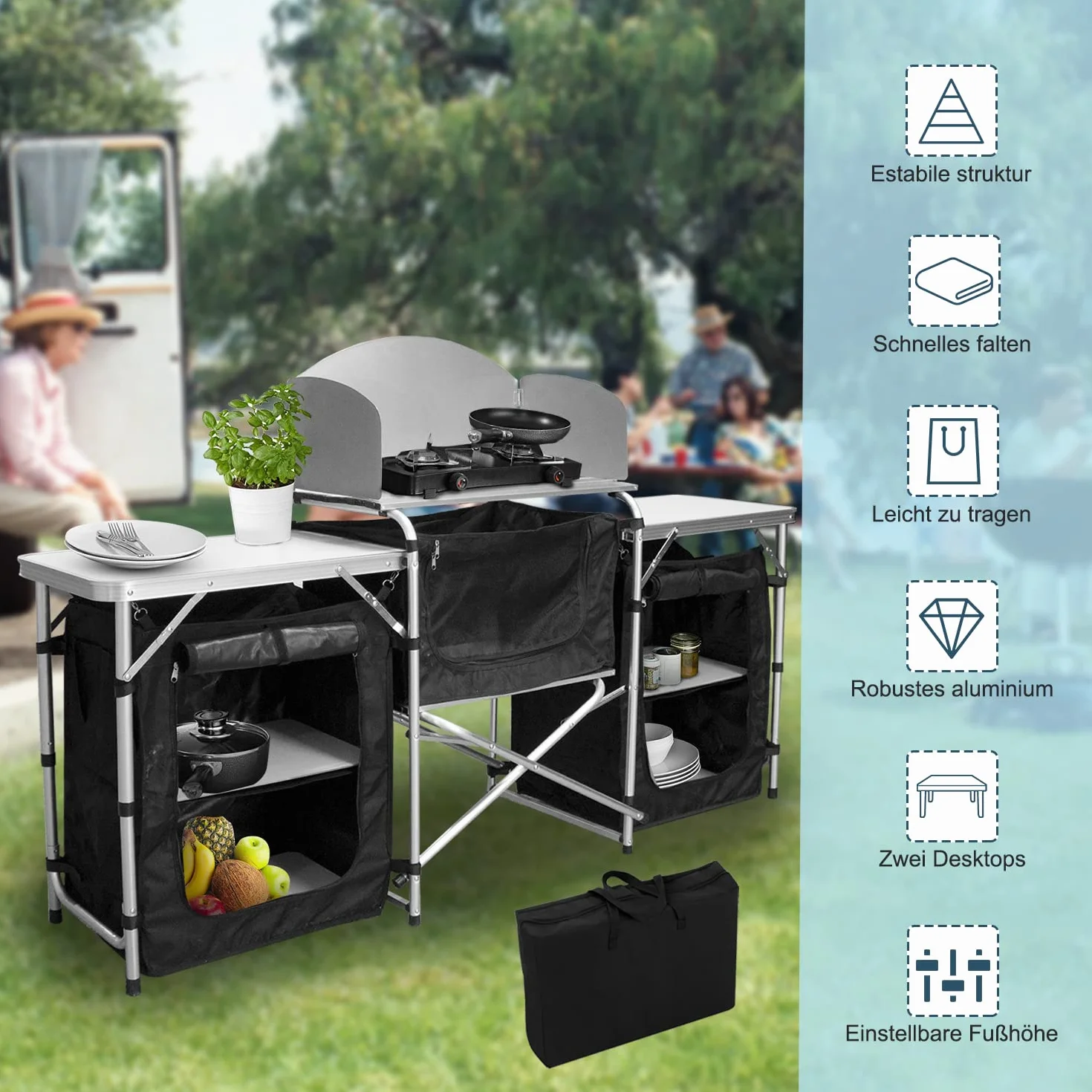 Cocina de camping plegable con protección contra el viento, armario de camping con bolsa de transporte, aluminio para exteriores, camping, cocina, armario de tienda de campaña, caja de cocina