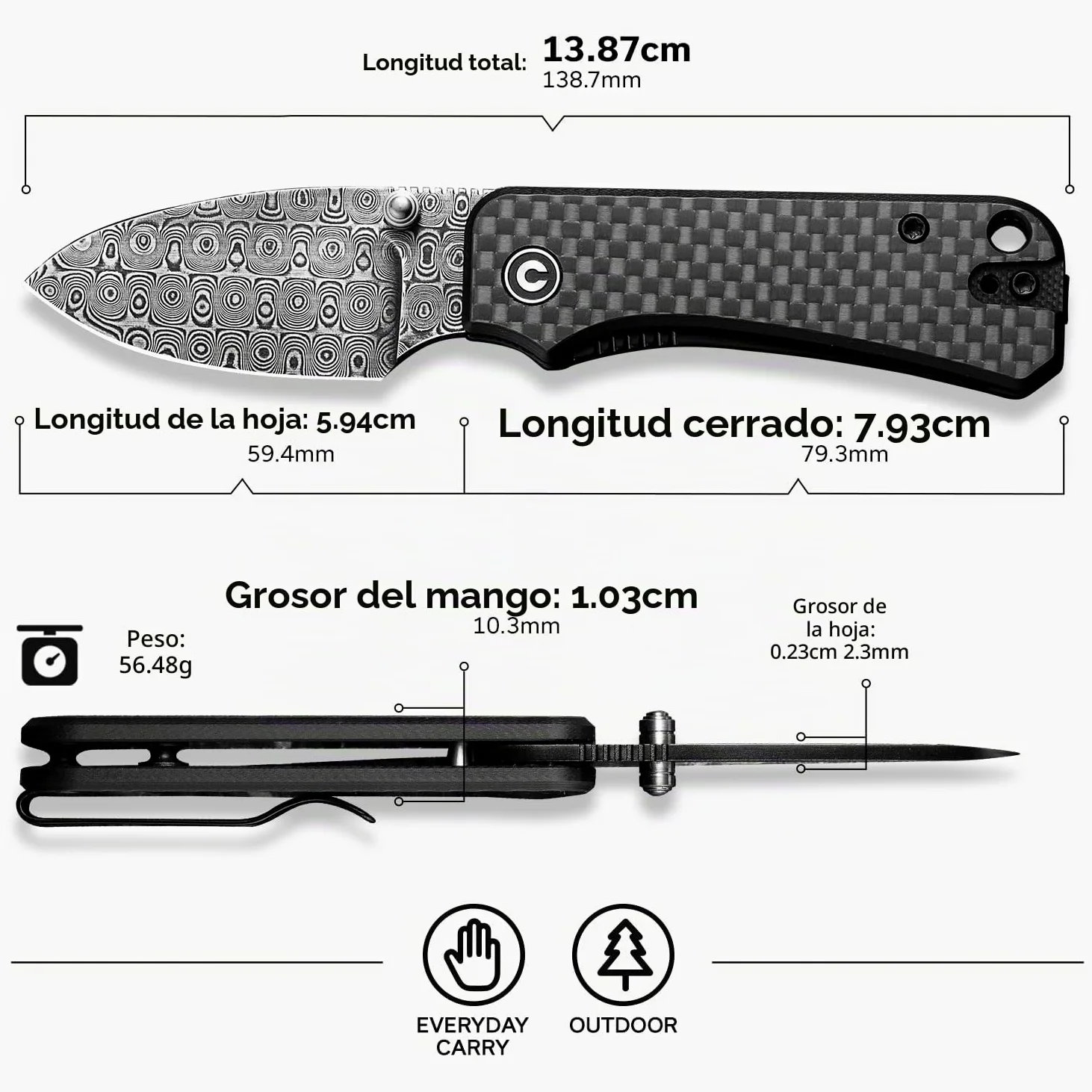 CIVIVI Baby Banter Small Folding Pocket Knife with 5.94CM Damascus Blade | EDC Knife with Clip, Black G-10 Handle, for Outdoor Camping Hiking Gifts C19068S-DS1