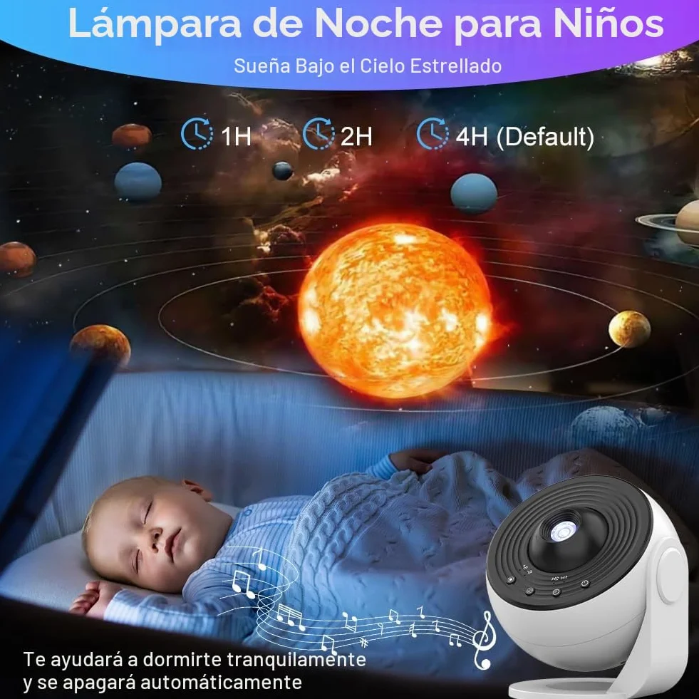 Proyector de Cielo Estrellado con 12 Discos Planetarios, Rotación 360°, Control Remoto