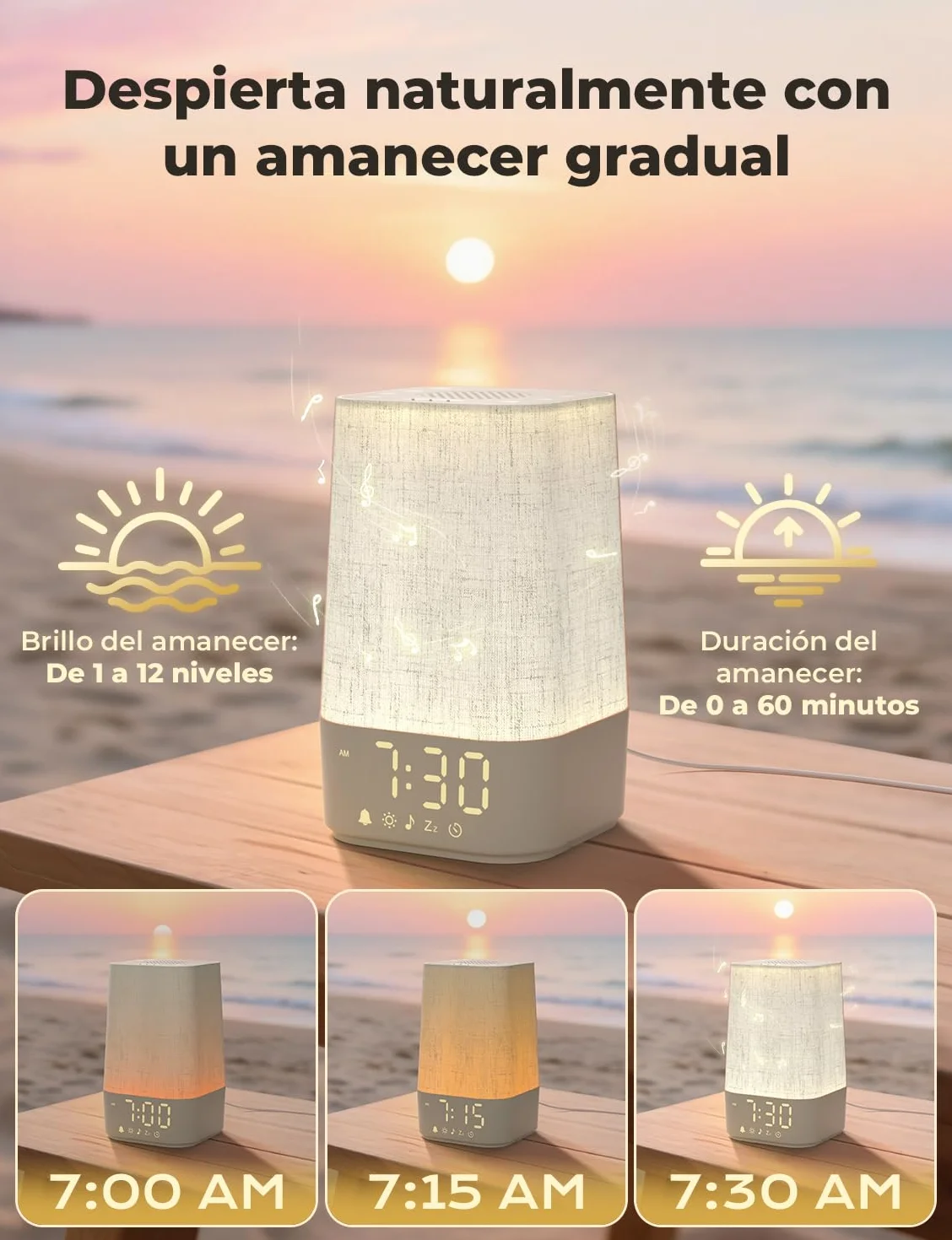 LIORQUE Despertador Amanecer Luz Natural, 13 Niveles de Brillo, 10 Ruido Blanco, 20 Melodías Naturaleza, Alarma Snooze