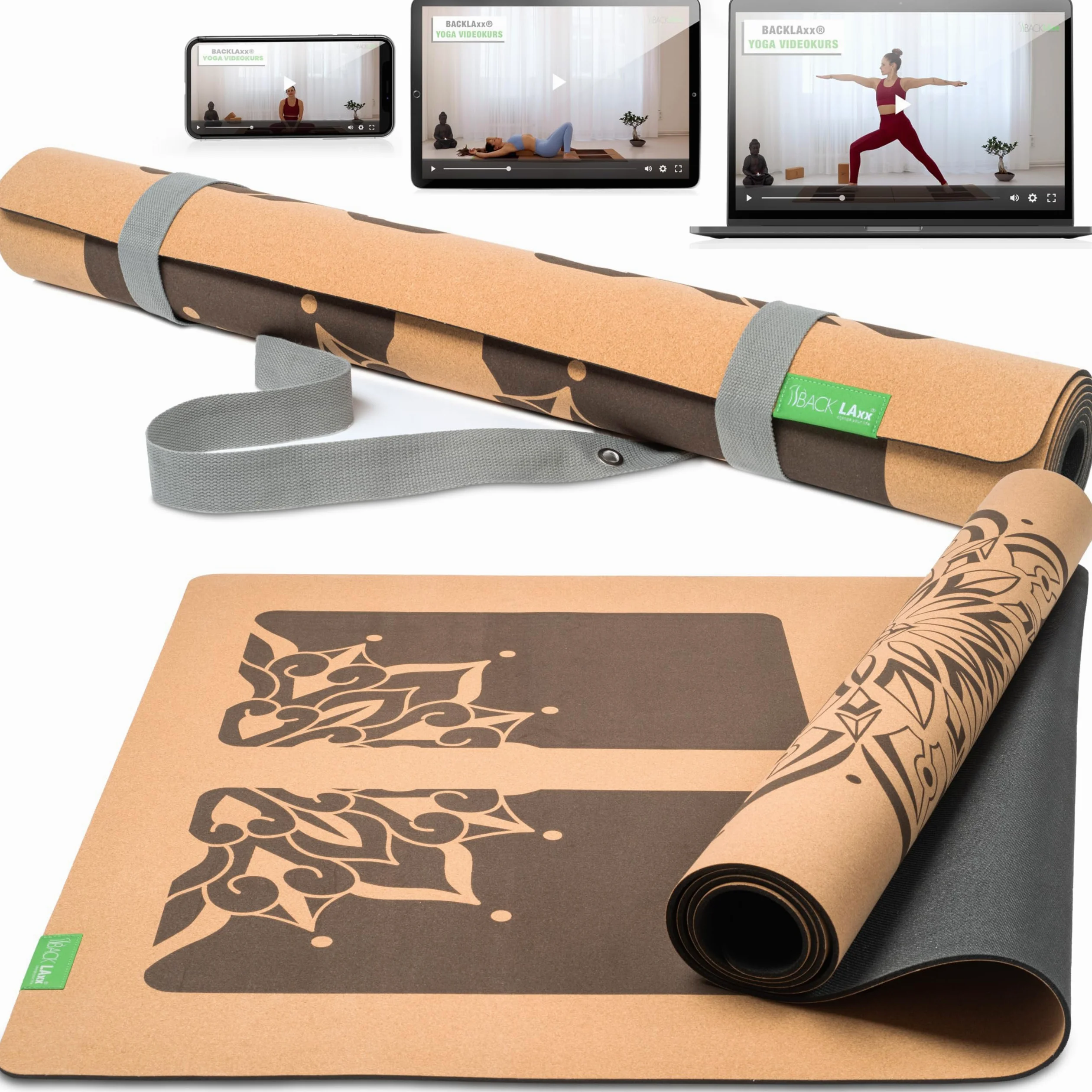 BACKLAXX esterilla yoga corcho XXL [50% más superficie] con caucho natural, esterilla de yoga antideslizante, esterilla de yoga sostenible, esterilla fitness con zonas antideslizantes, incluye cor