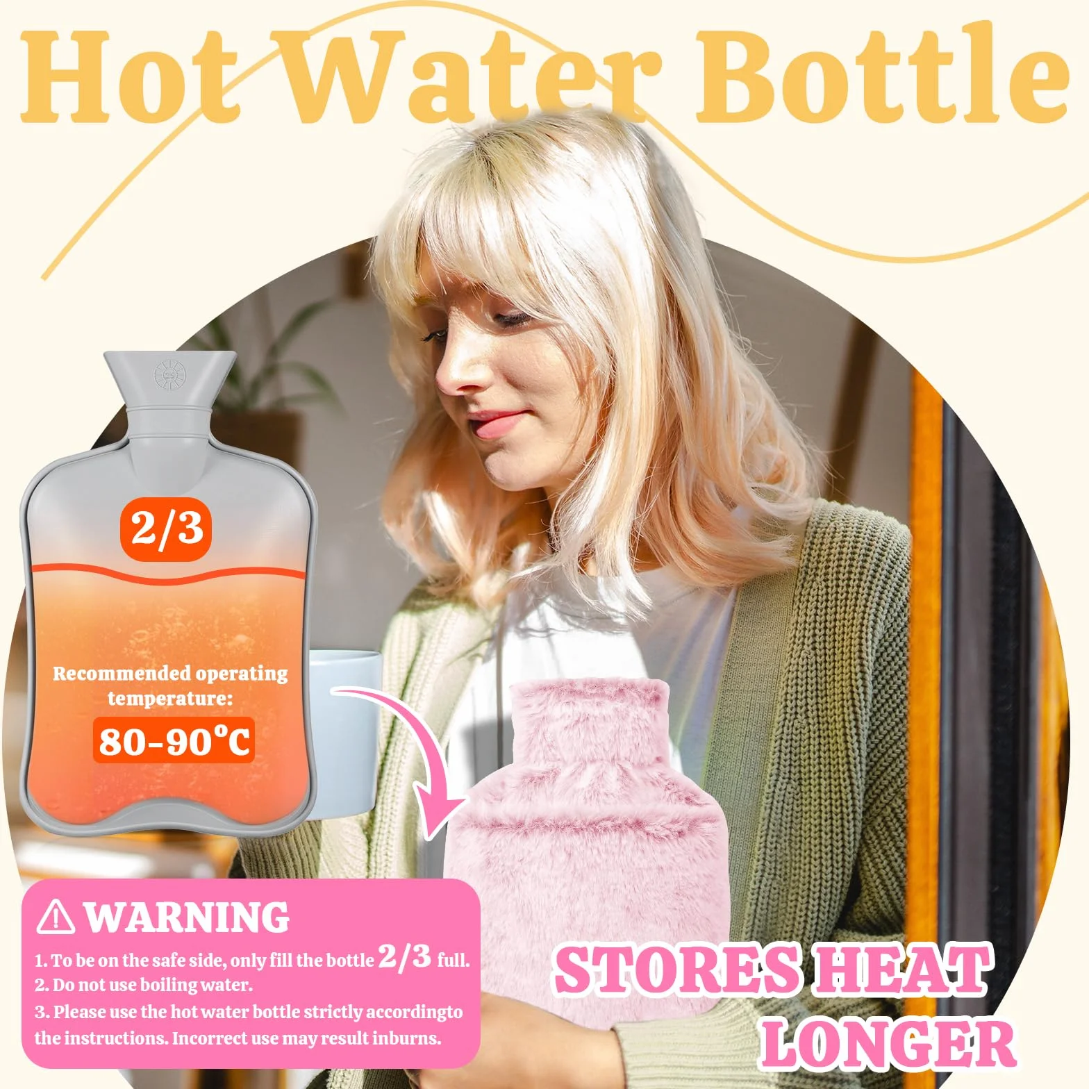 Bolsa De Agua Caliente 2L Con Funda Peluche, A Prueba De Fugas, Mantiene Calor (Rosa)