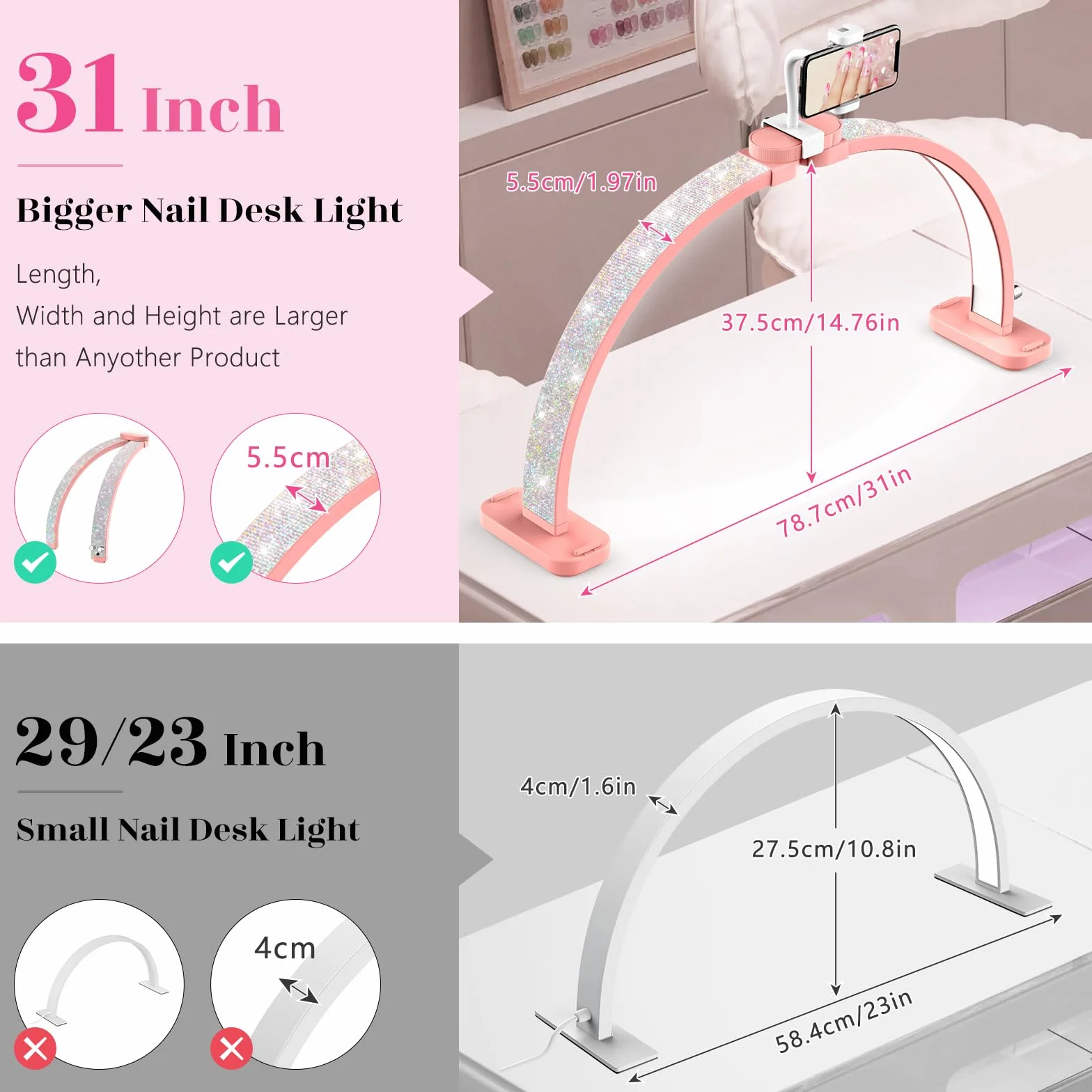 Media Luna Lámpara para Uñas 30" con Soporte 3 Modos Color 10 Niveles Brillo Ajustable Manicura Diamante Rosa