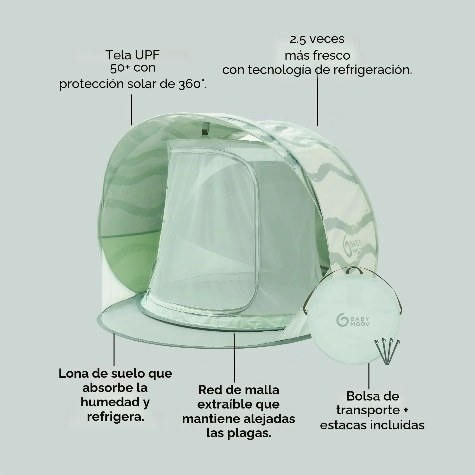 Babymoov Moov & Protect Tienda de campaña de Playa con refrigeración Anti-UV para bebés con mosquitera integrada, portátil, Laguna Verde (edición de Verano 2025)