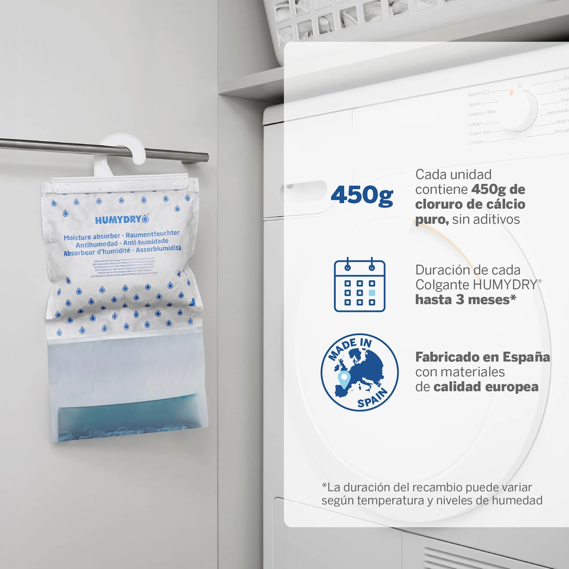 Bolsas antihumedad Percha Humydry 3x450g Absorbe Humedad Armarios 15 m2 Fragancia Neutro