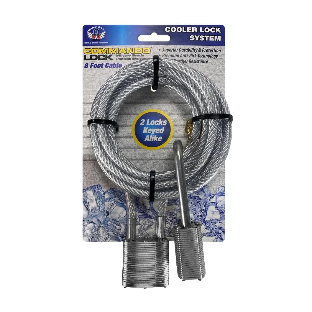 Cooler Steel Cable Commando Lock - Candado de cable recubierto de acero de 8 pies, 2 candados resistentes a la intemperie de grado militar, con llave igual, para refrigeradores, bicicletas, barcos
