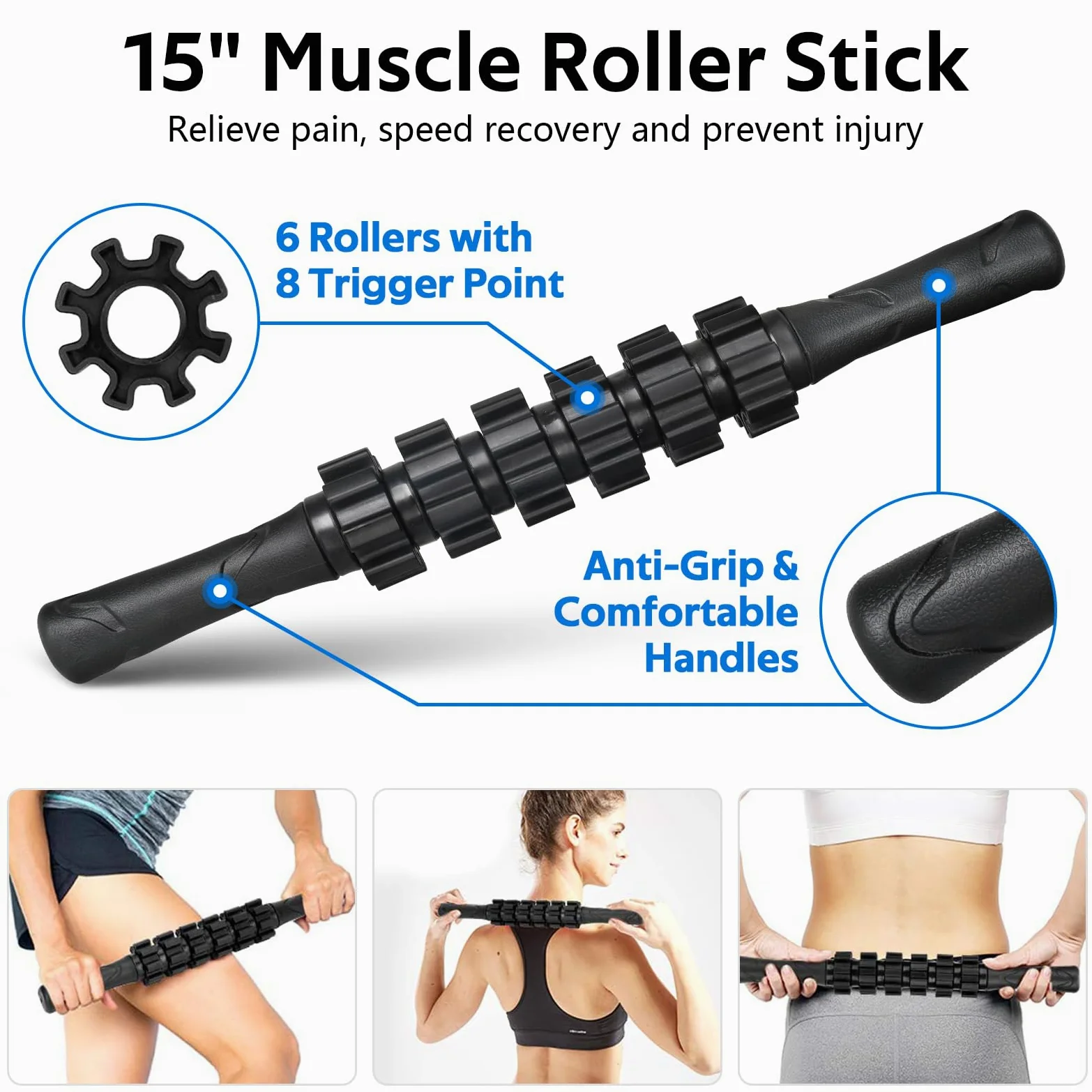 Juego de rodillos de espuma – Rodillo de espalda de alta densidad, rodillo muscular, 3 bandas de resistencia, bola de fascitis de 2 pies, correa de estiramiento, bola de masaje para terapia física y