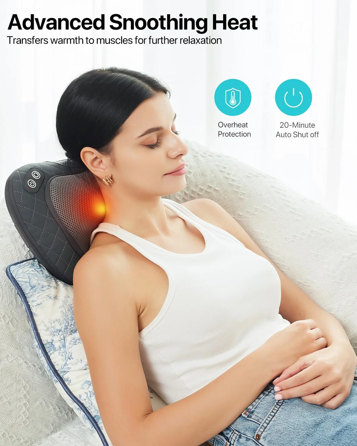 ALLJOY Cojín de Masaje Inalámbrico Shiatsu con Calor, Masajeador Cervical y Espalda, 3 Niveles 4 Nodos