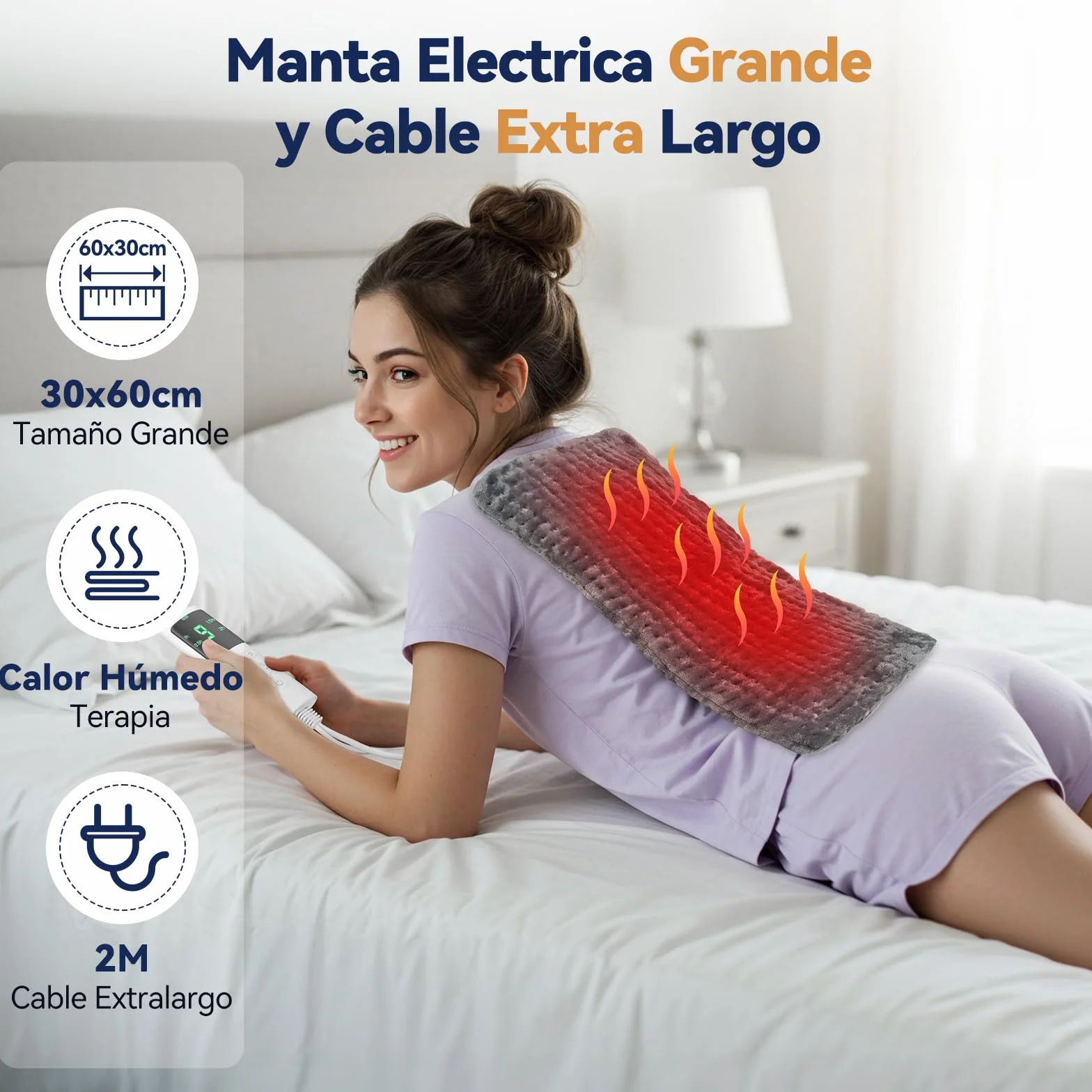 Manta Electrica Lumbar 9 Temperaturas 4 Temporizadores Lavable a Máquina 30x60cm Franela Suave